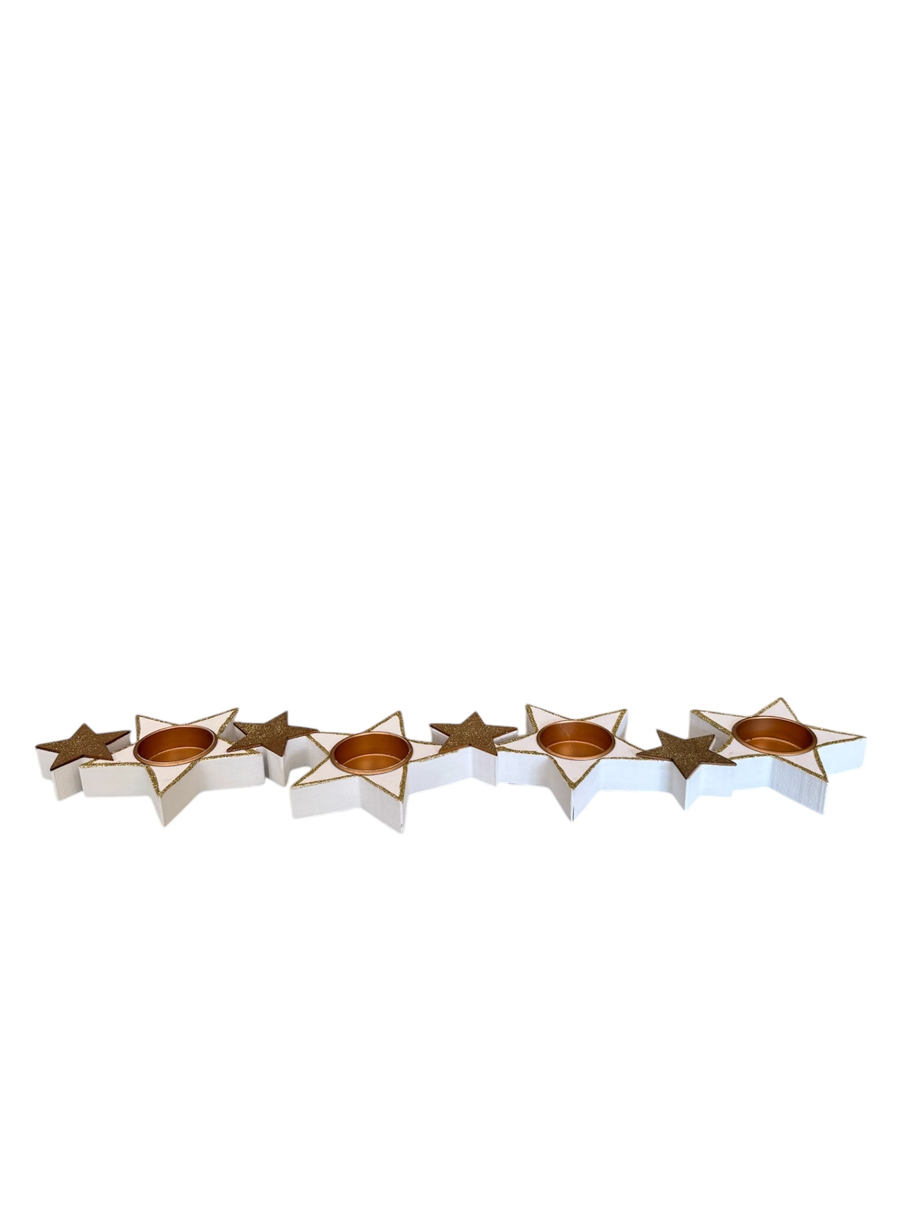 Porta Candele in Legno Bianco a Forma di Stelle con Dettagli Oro - 4 Fuochi