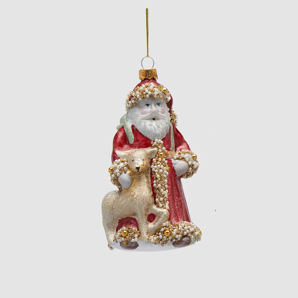 Decorazione Natalizia Babbo Natale con Renna in Vetro Soffiato 15 cm - Blanc Mariclò