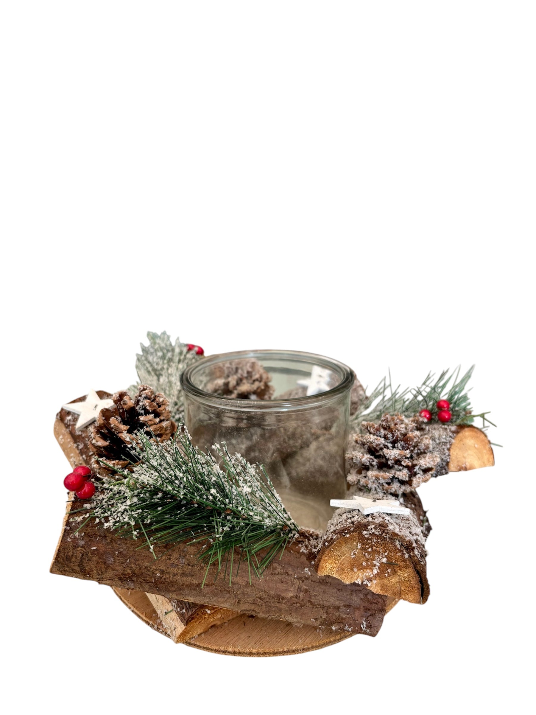 Centrotavola Country in Legno con Vaso in Vetro e Decorazioni Natalizie