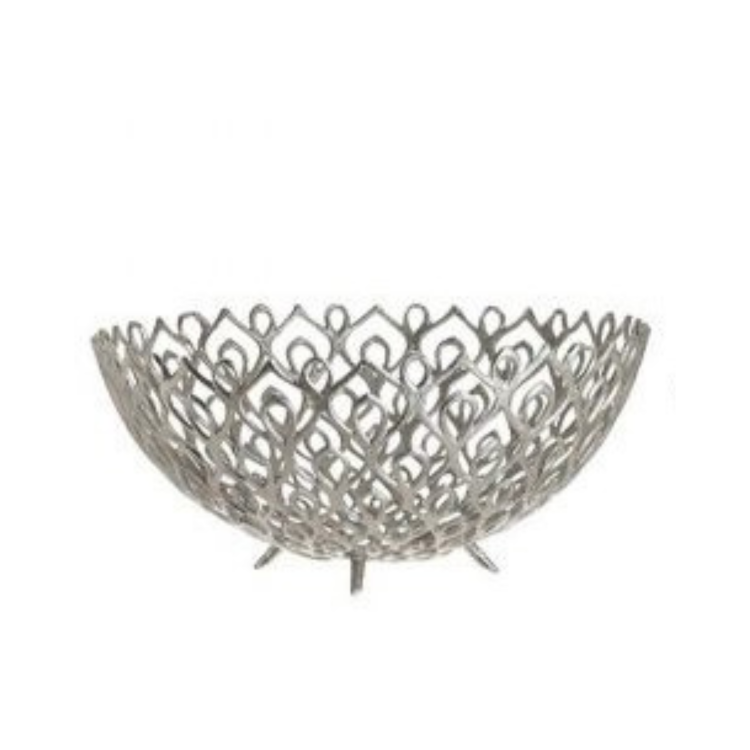 Centrotavola in Metallo Argento con Decori Traforati in Stile Etnico