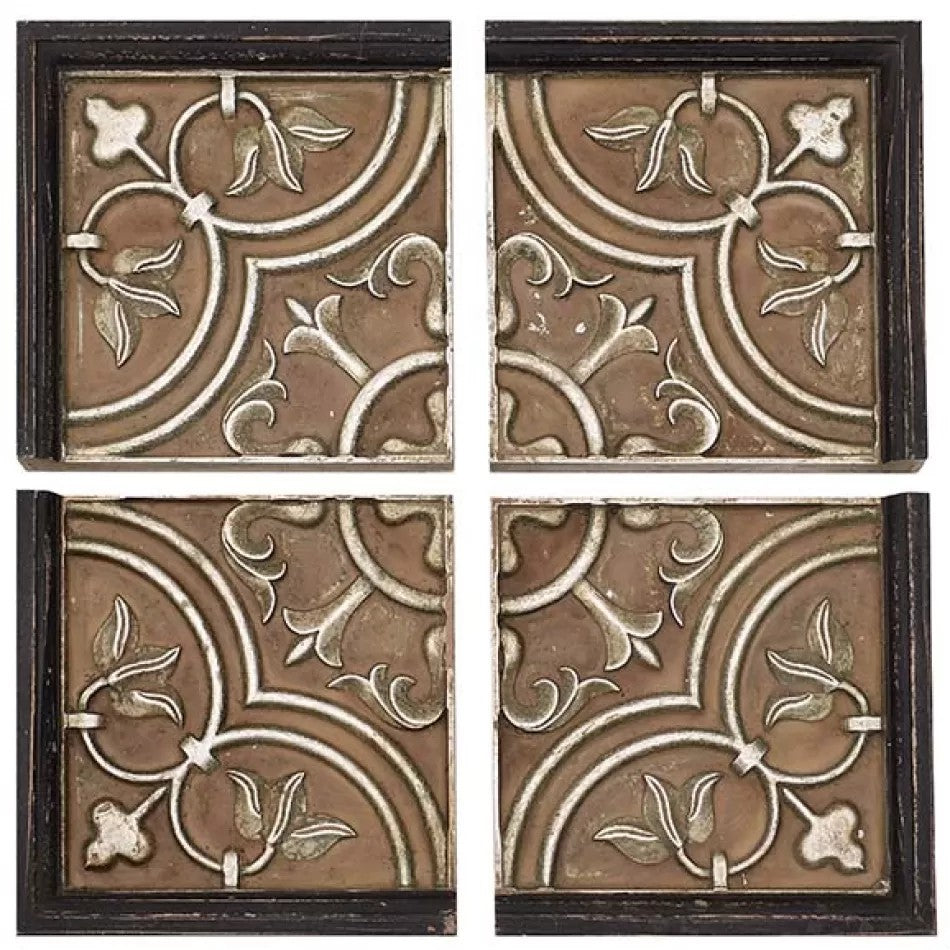 Set di 4 Decorazioni Etniche in Legno con Dettagli Anticati
