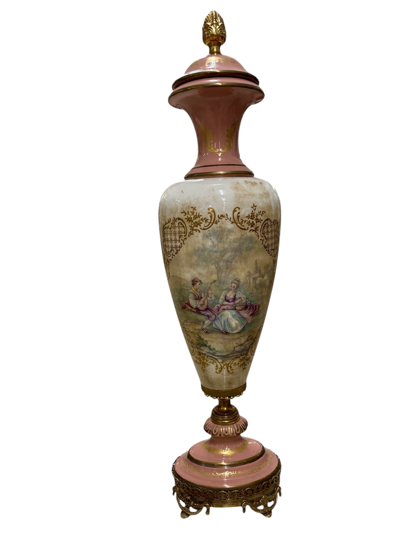 Potiche in Porcellana Limoges Dipinta a Mano con Base in Bronzo