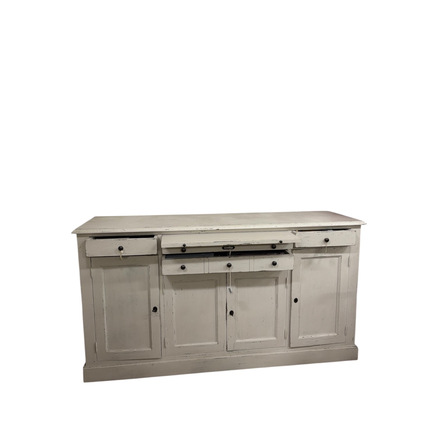Credenza Alta in Legno Massello Stile Shabby –4 Ante, 3 Cassetti e Mensola Aggiuntiva