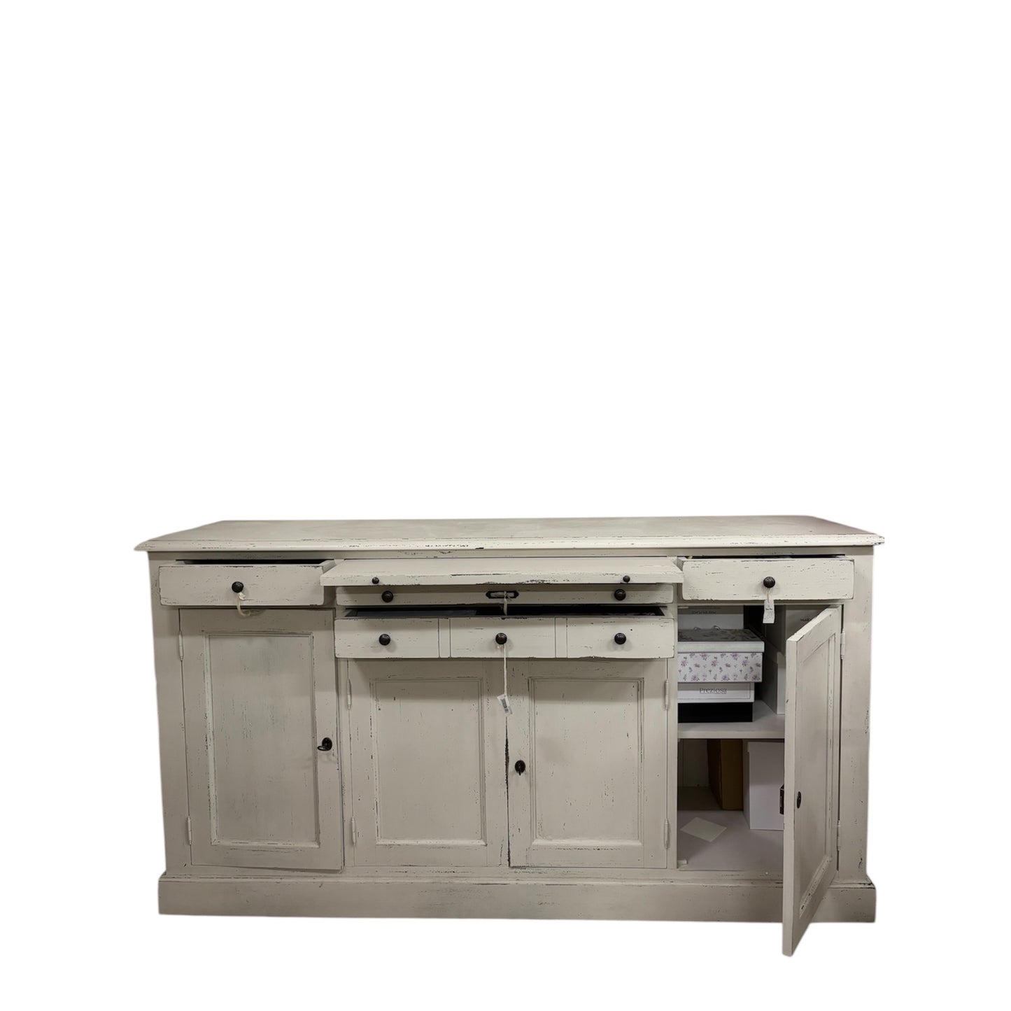 Credenza Alta in Legno Massello Stile Shabby –4 Ante, 3 Cassetti e Mensola Aggiuntiva