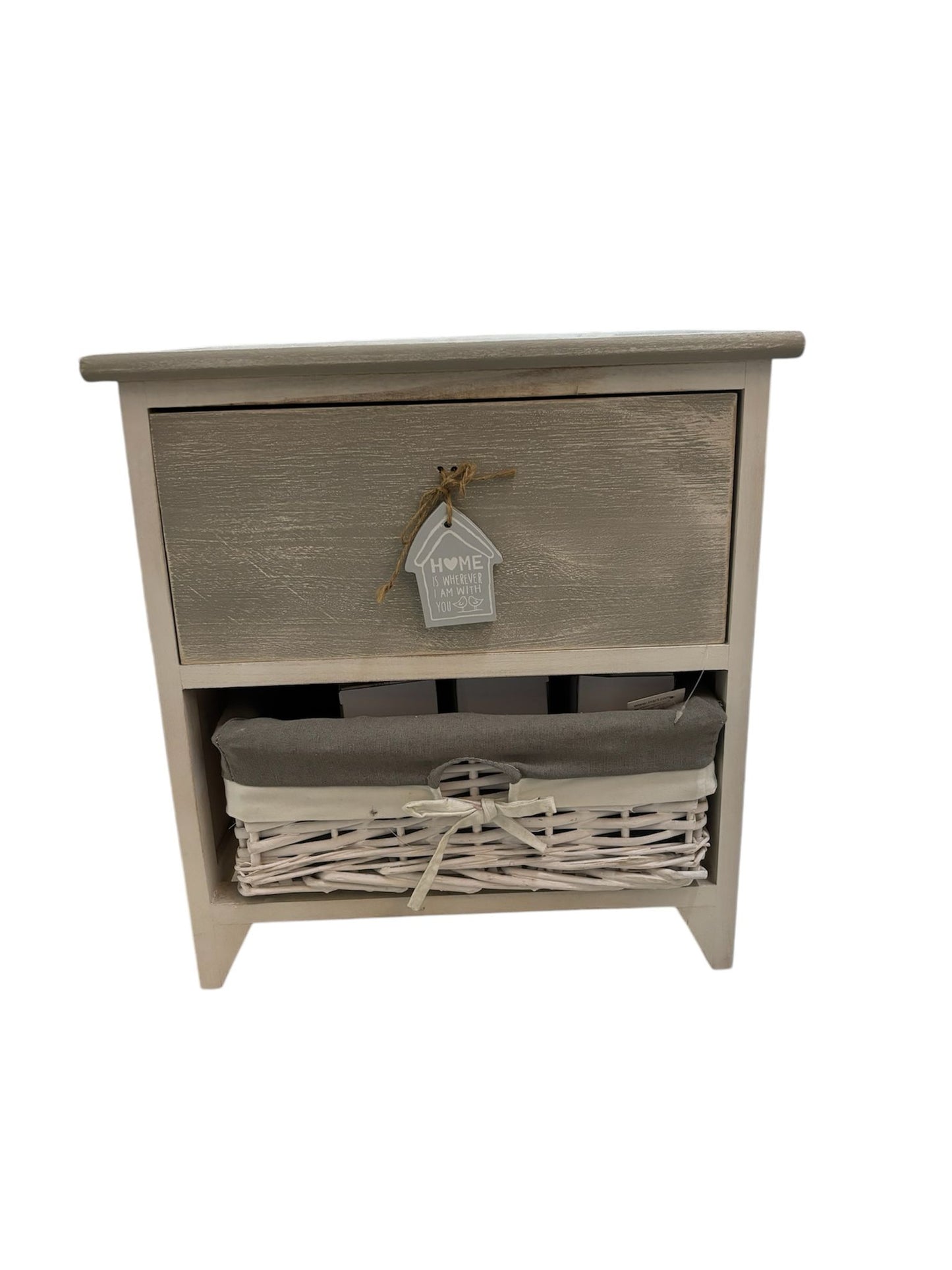 Mobiletto Basso con Cassetto e Cesto in Vimini – Stile Shabby Chic