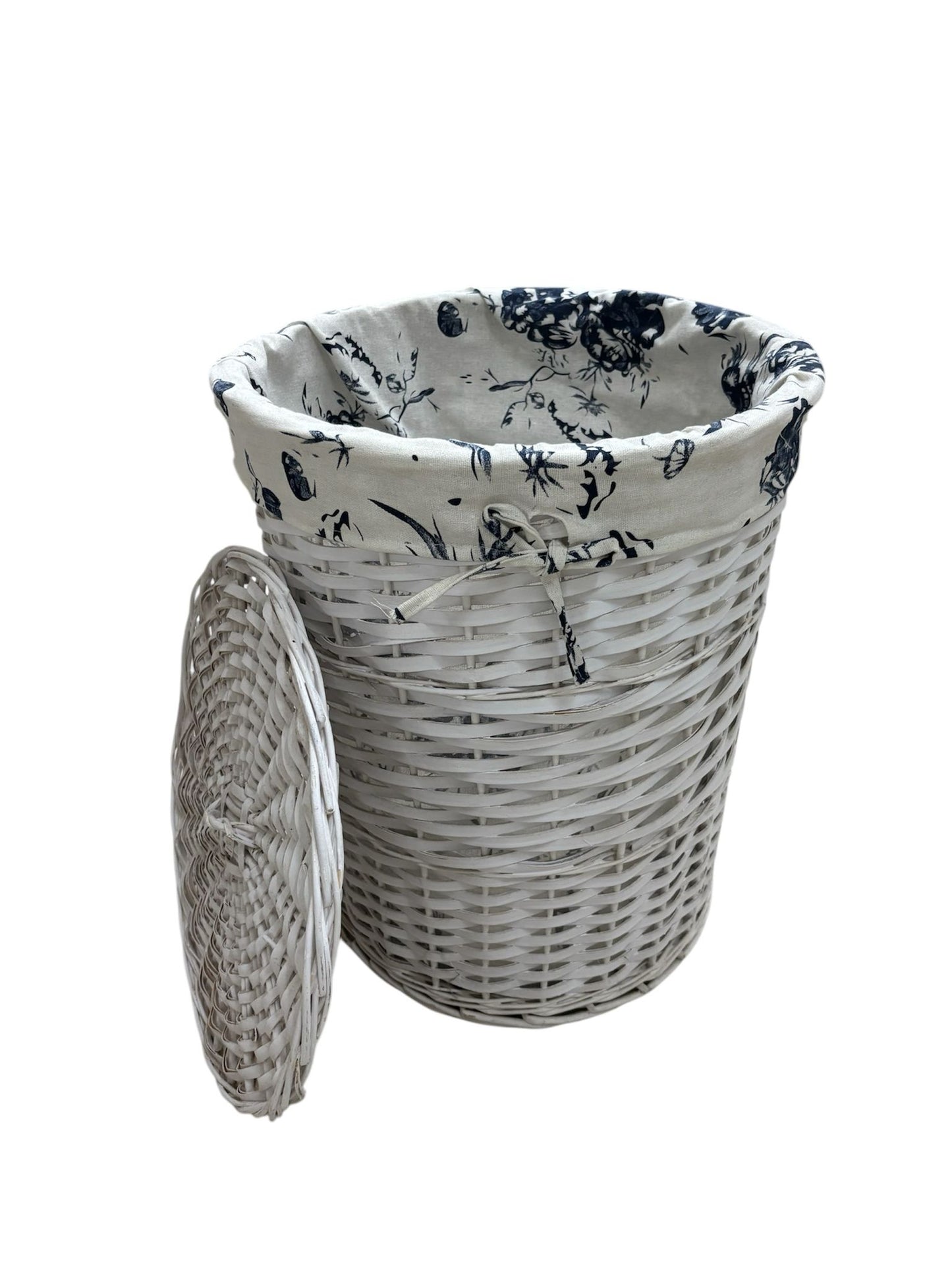 Cesta in Vimini Bianca con Coperchio e Rivestimento Floreale 40 h cm – Angelica Home