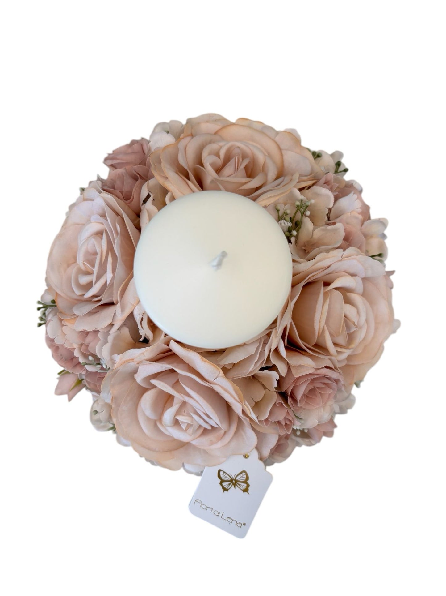 Centro Tavola con Ghirlanda di Fiori Rosa Cipria e Candela diametro 27 cm – Fiori di Lena