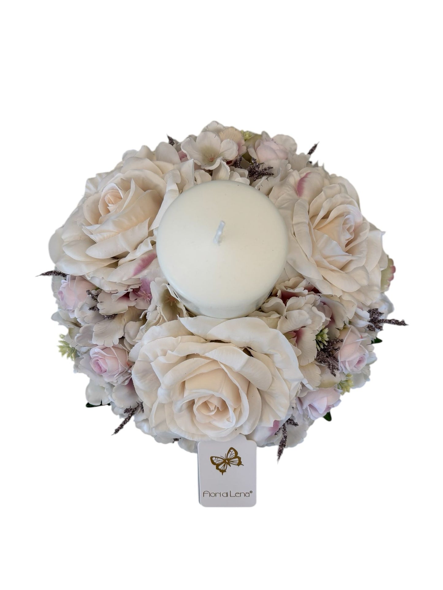 Centro Tavola con Ghirlanda di Fiori Bianchi e Candela diametro 27 cm – Fiori di Lena