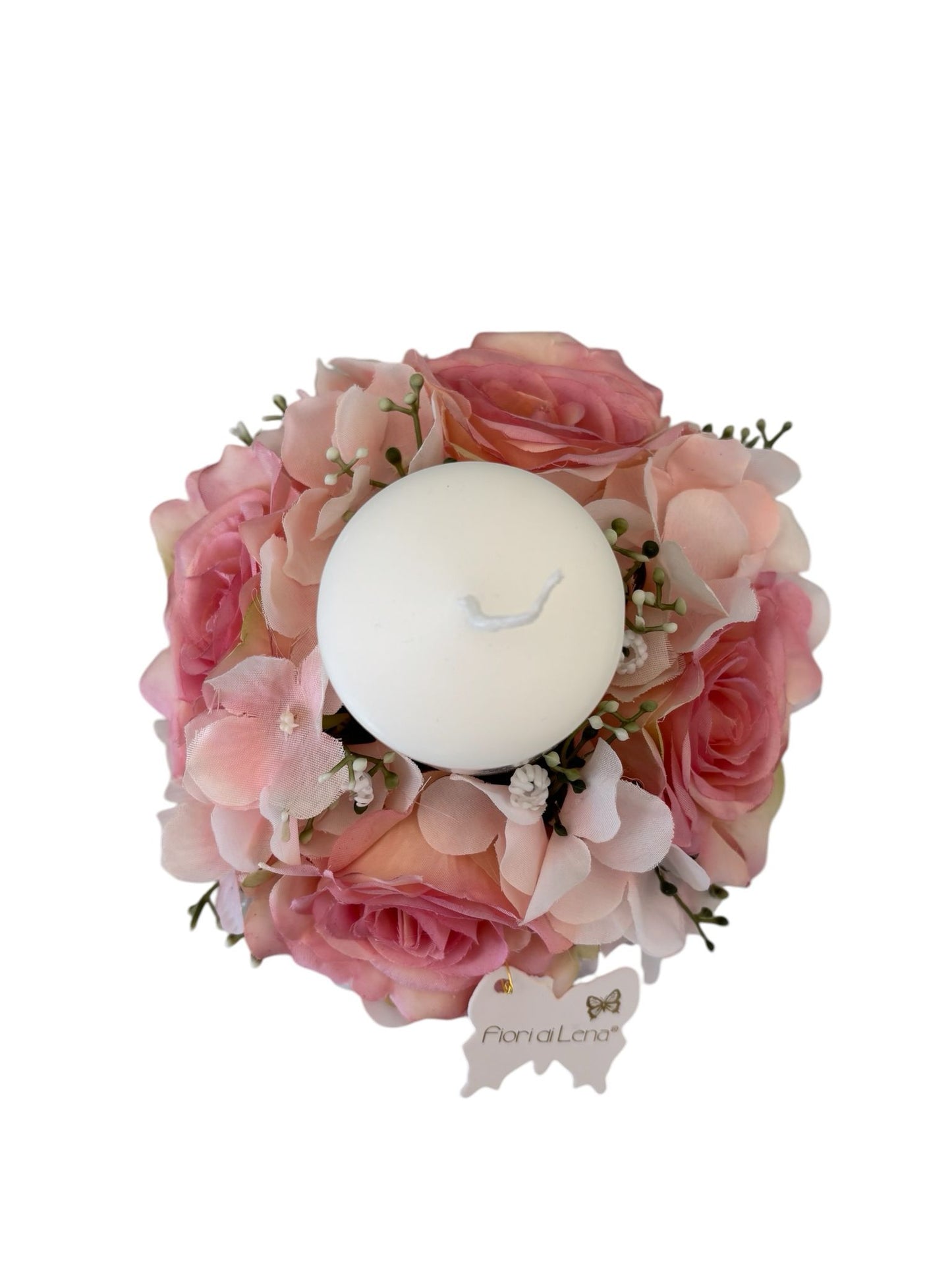 Candela Decorativa con Ghirlanda di Fiori Rosa diametro 17 cm – Fiori di Lena