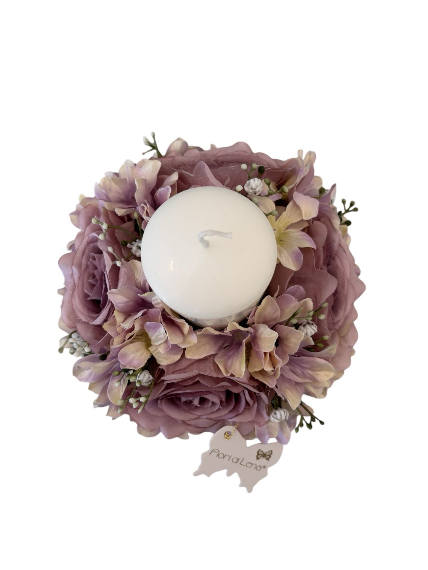 Candela Decorativa con Ghirlanda di Fiori Lilla diametro 17 cm – Fiori di Lena