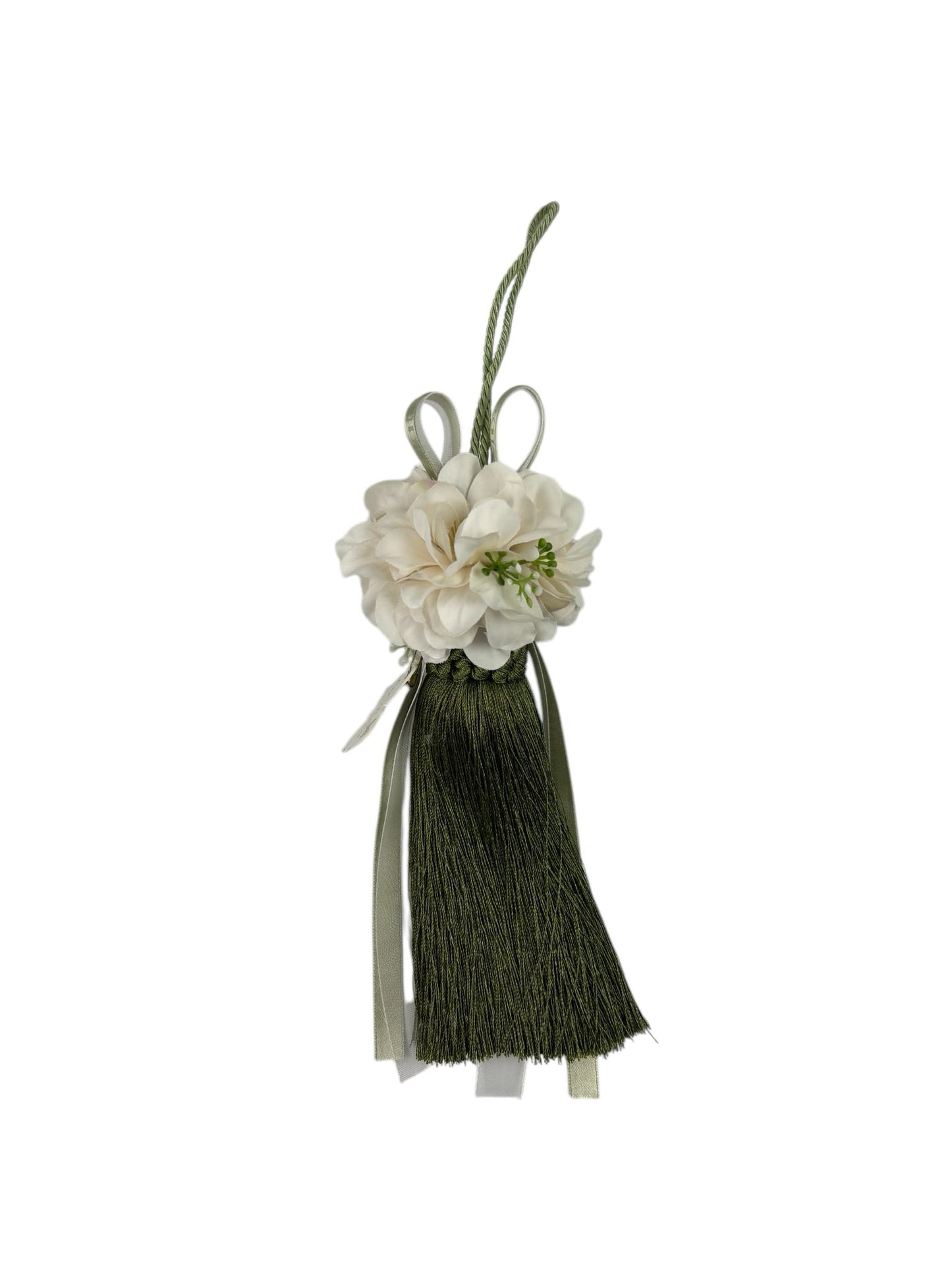 Nappa Decorativa con Fiori Bianchi e Frange Verdi 22 cm – Fiori di Lena