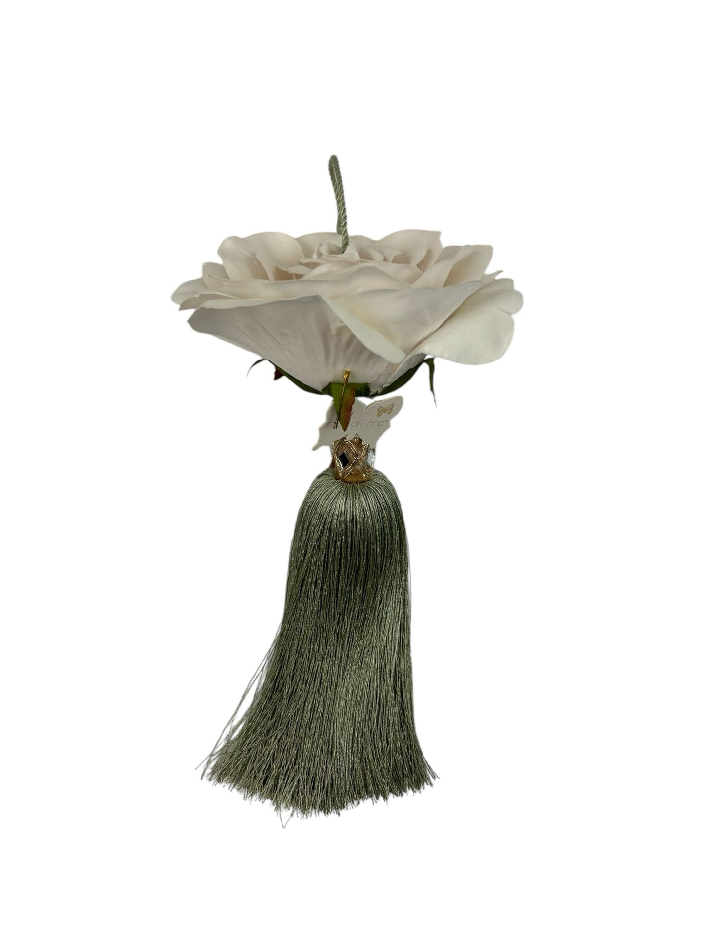 Nappa con Rosa Bianca e Nappa Pendente Verde Salvia 22 cm - Fiori di Lena