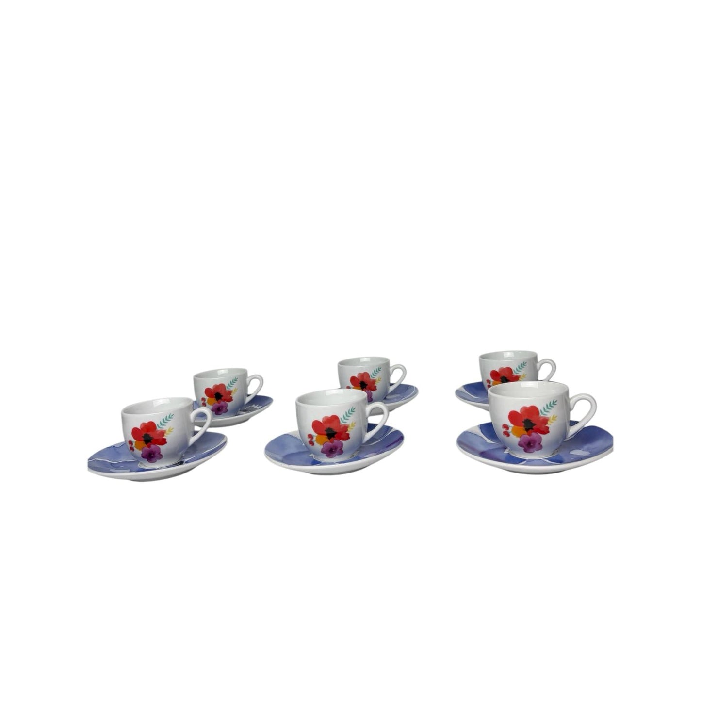 Set di 6 Tazzine in Porcellana con Fiore Colorato e Piattini Blu – Rose e Tulipani
