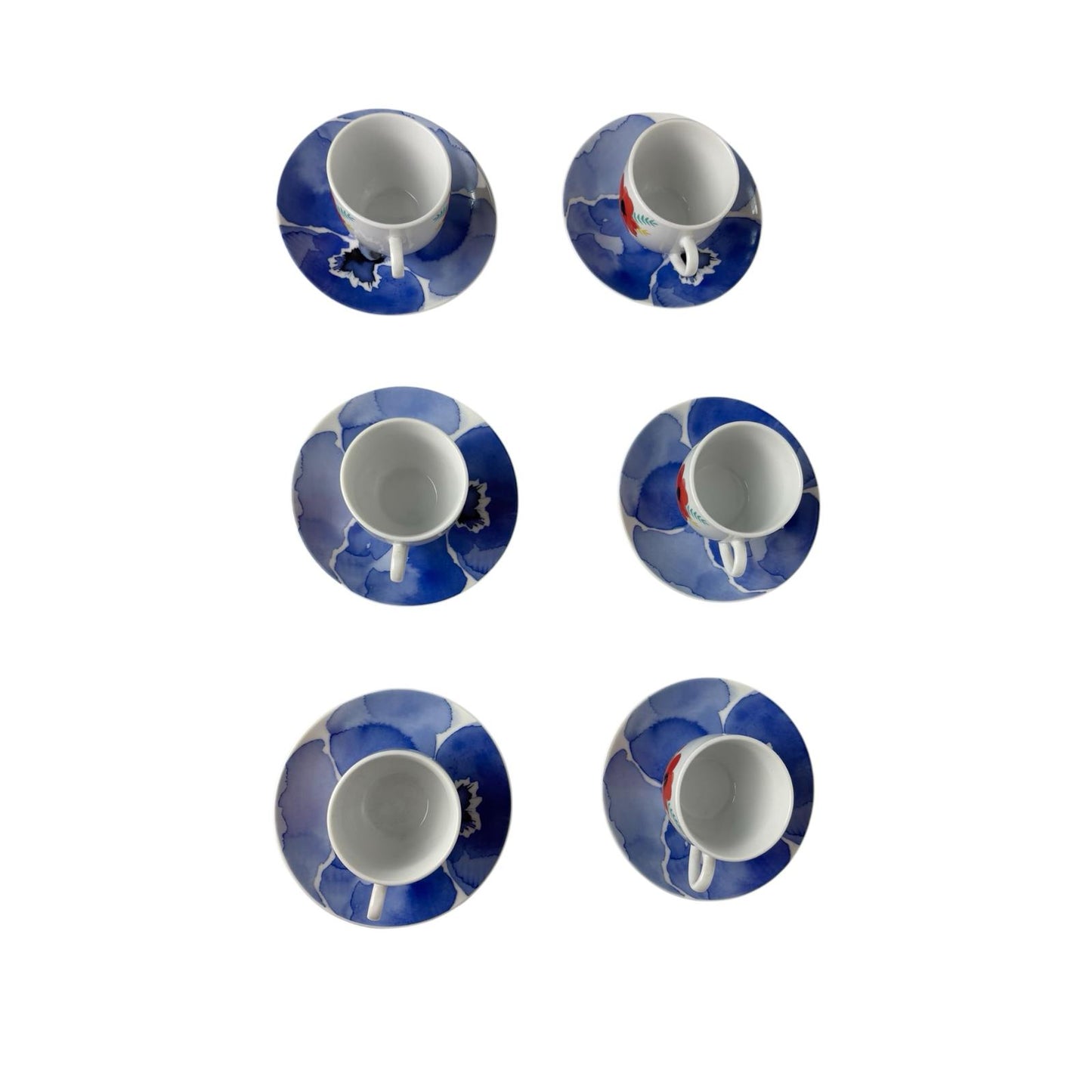 Set di 6 Tazzine in Porcellana con Fiore Colorato e Piattini Blu – Rose e Tulipani
