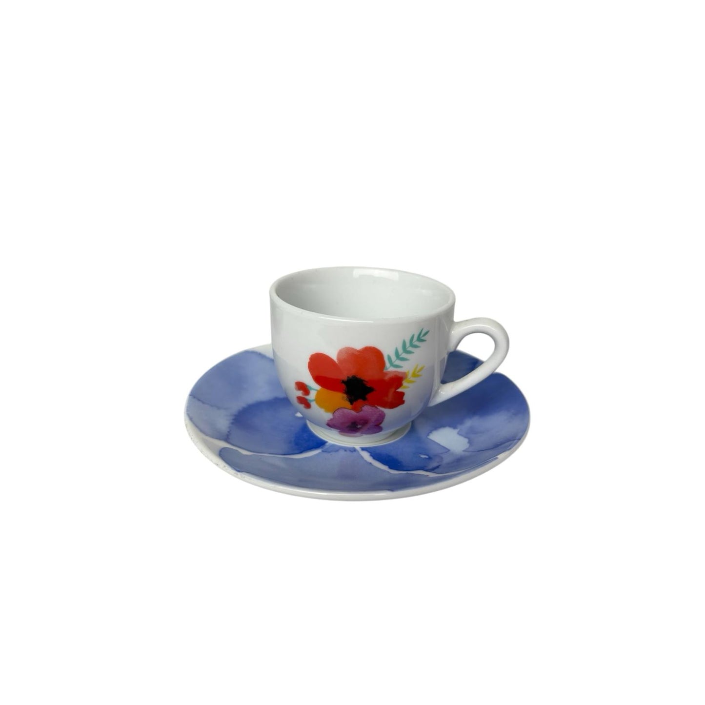 Set di 6 Tazzine in Porcellana con Fiore Colorato e Piattini Blu – Rose e Tulipani