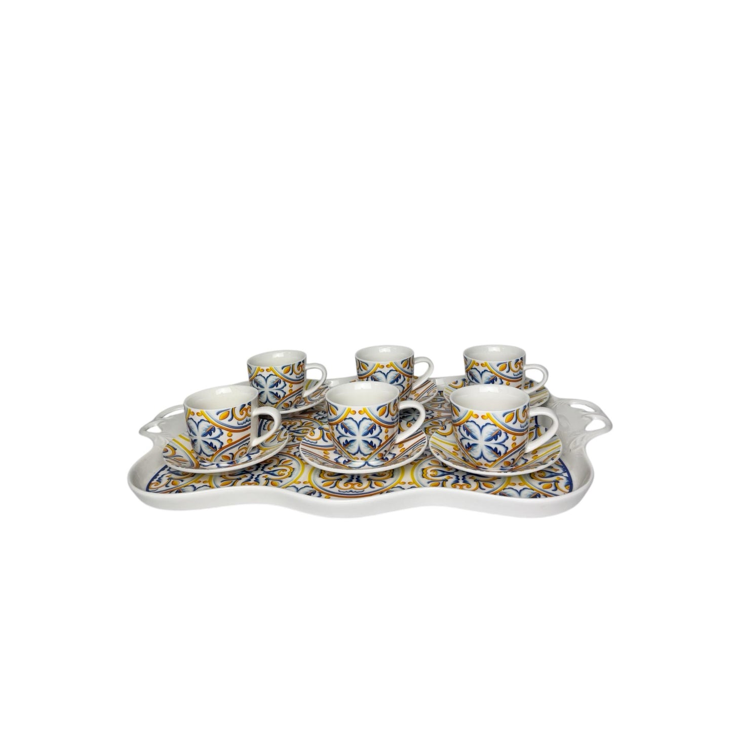 Set di 6 Tazzine da Caffè in Porcellana con Vassoio e Decori Maiolica – St. Etienne