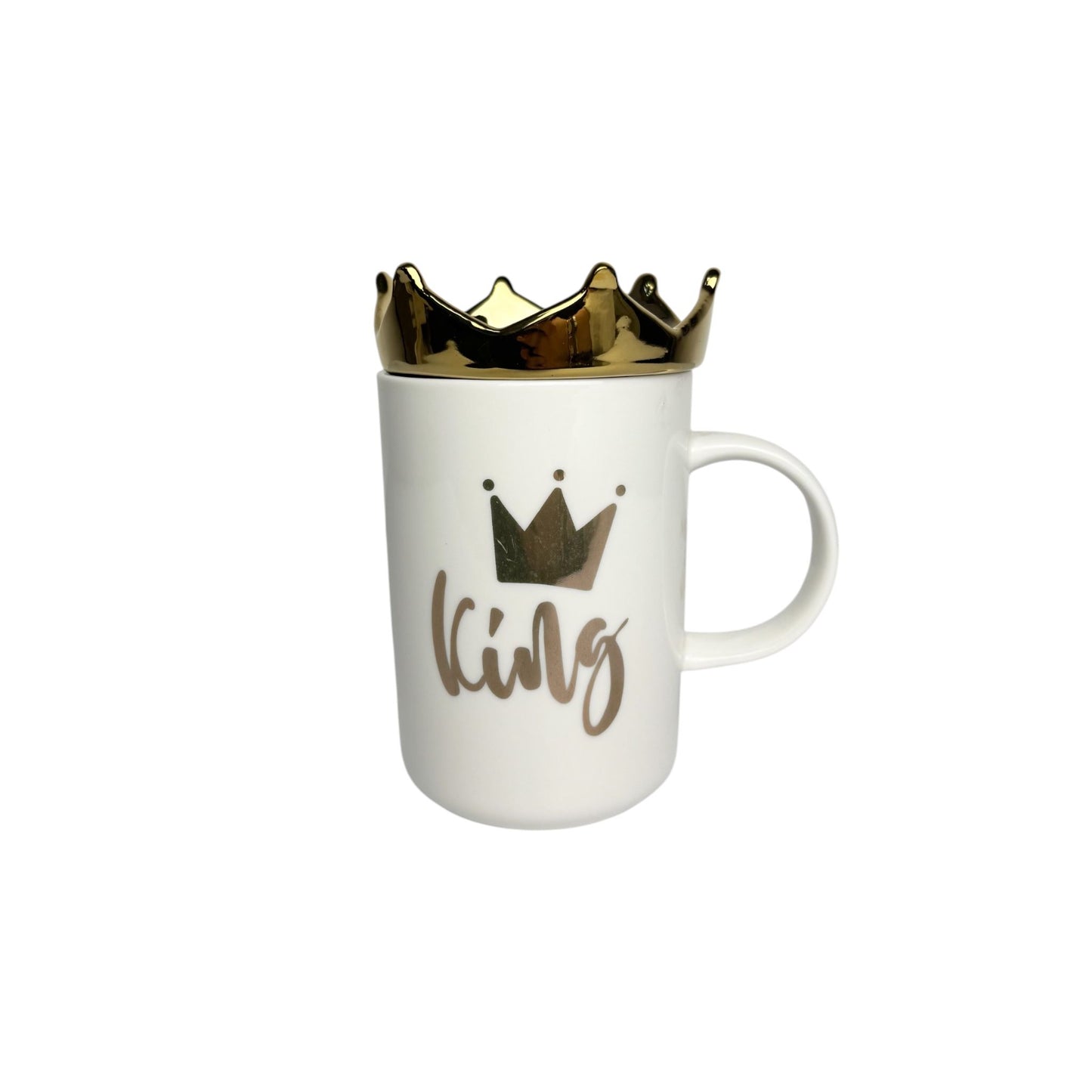 Mug in Porcellana Bianca con Scritta "King" e Tappo a Forma di Corona Oro