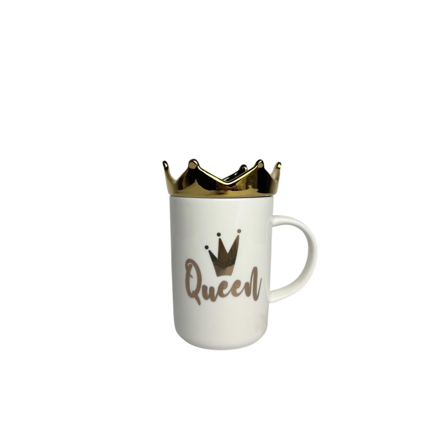 Mug in Porcellana Bianca con Scritta "Queen" e Tappo a Forma di Corona Oro