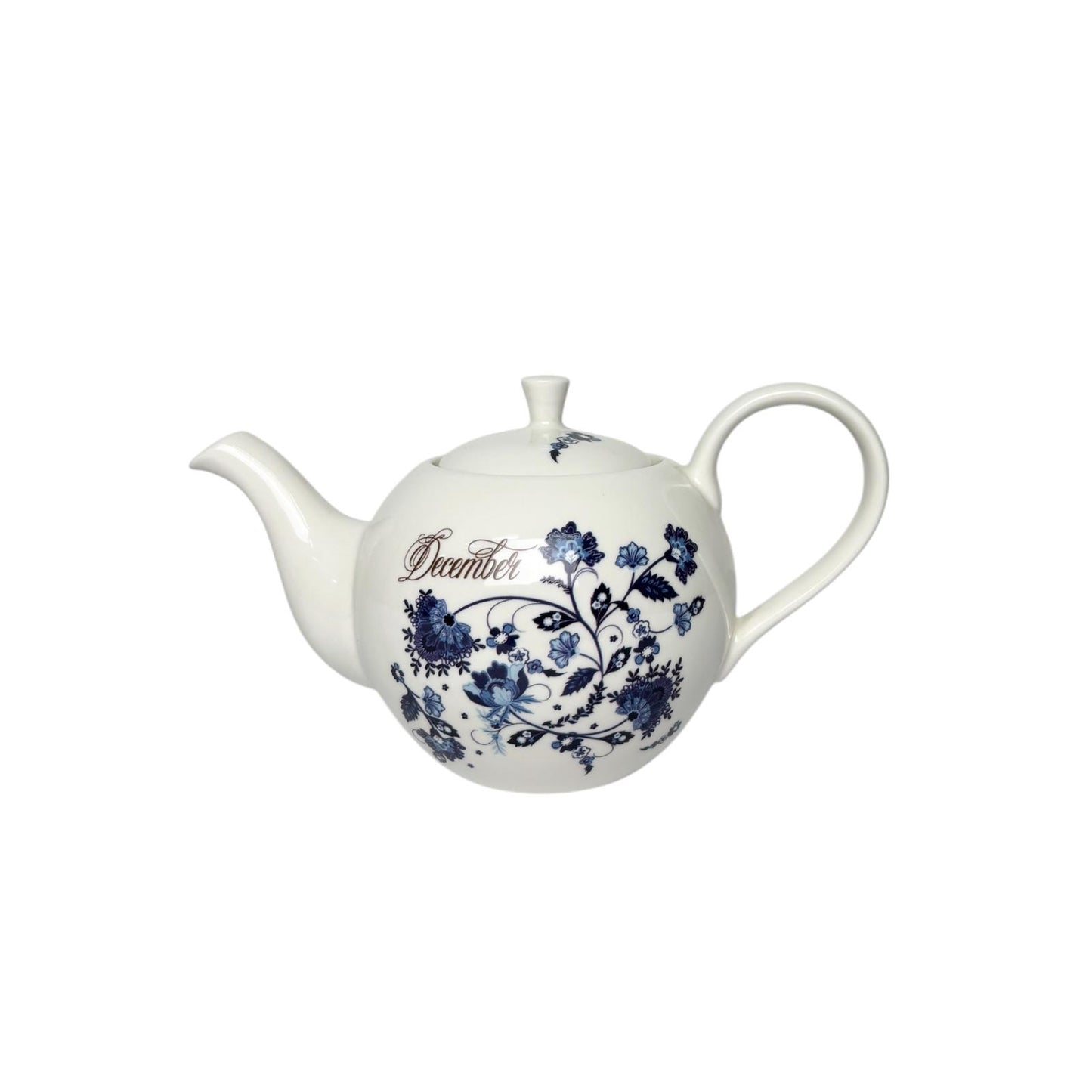 Teiera in Porcellana Bianca con Scritta "December" e Decori Blu Delicati - Emò
