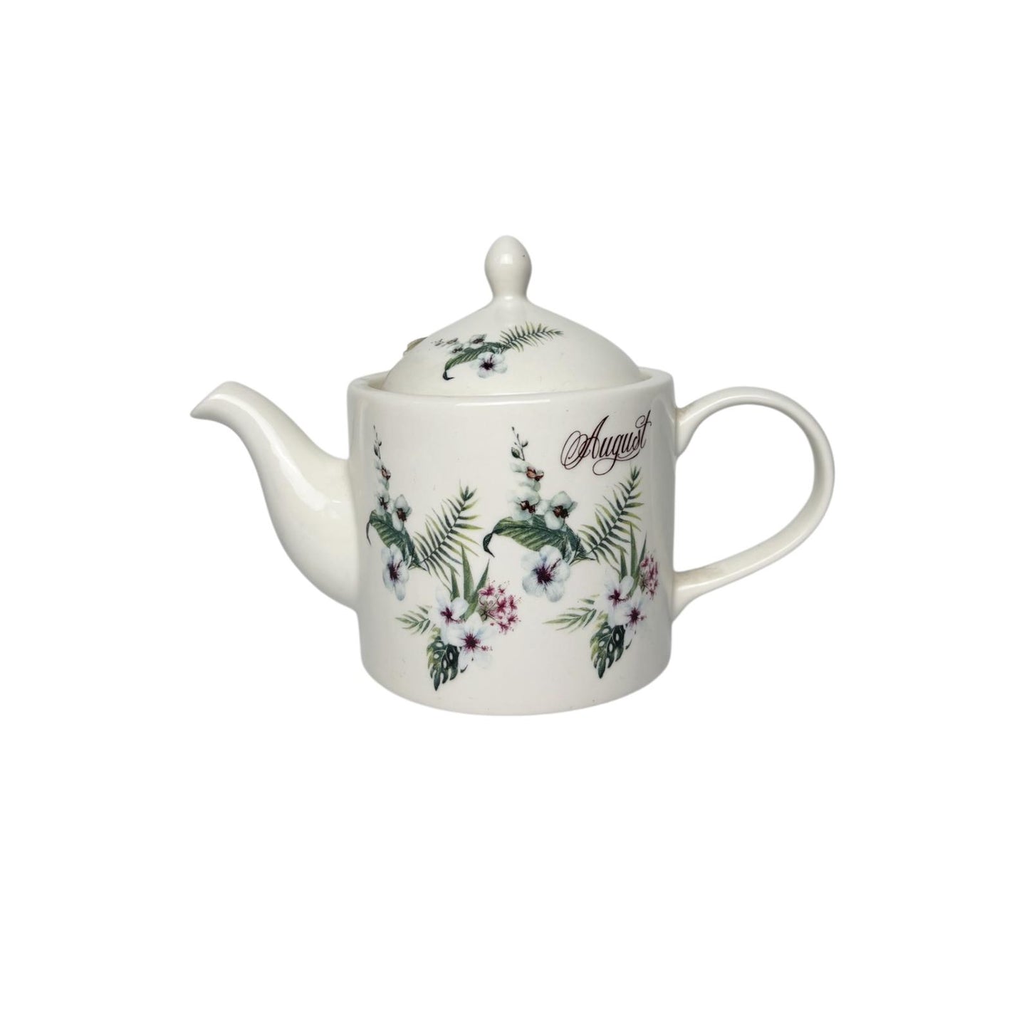 Teiera in Porcellana Bianca con Scritta "August" e Decori Verde Delicati - Emò