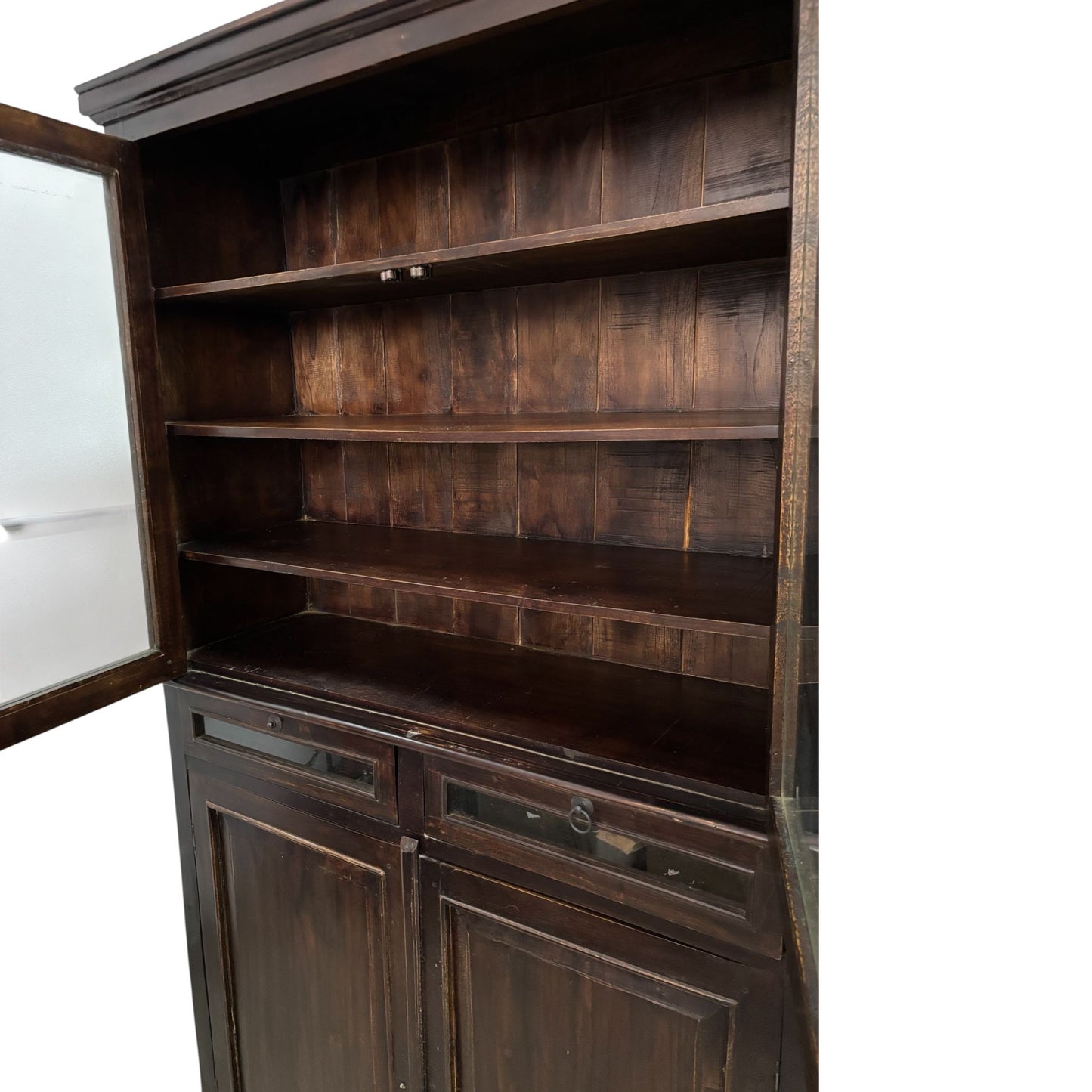 Credenza in Legno Massello di Sheesham con Ante in Vetro 188 h cm– Da Restaurare