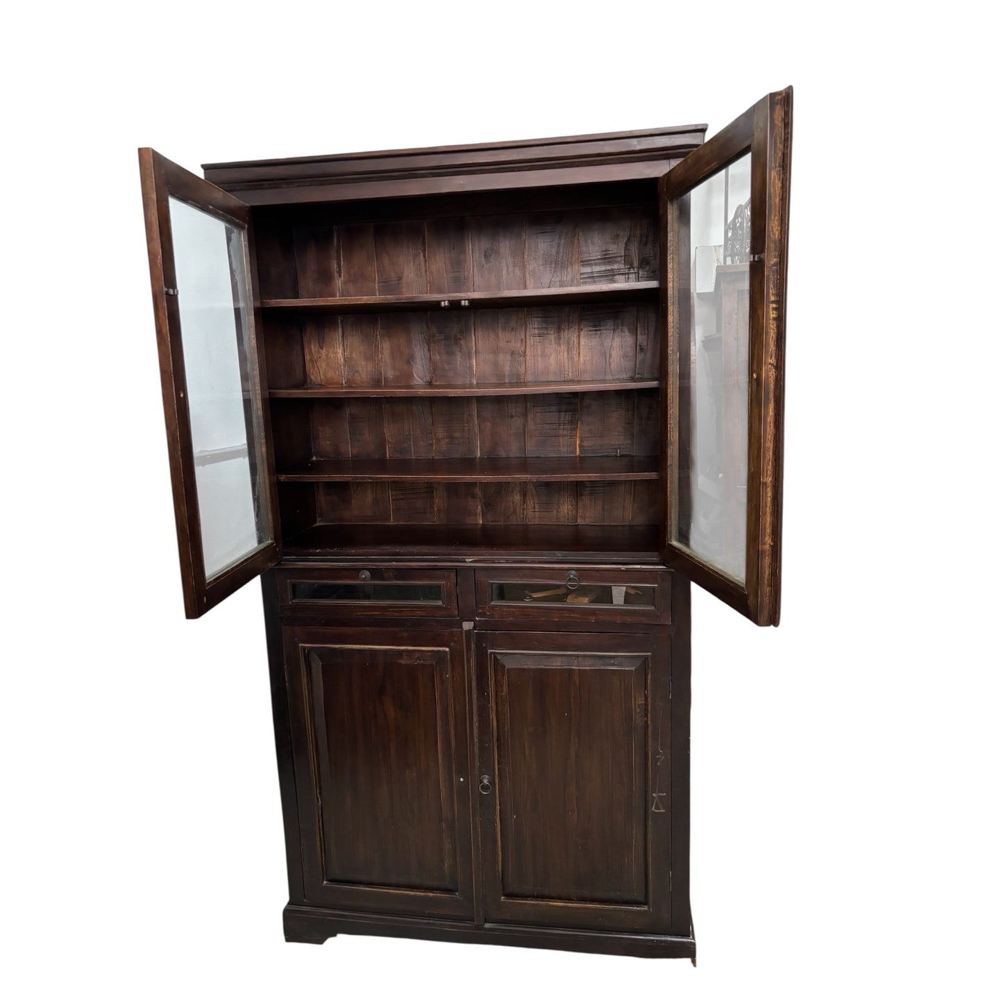 Credenza in Legno Massello di Sheesham con Ante in Vetro 188 h cm– Da Restaurare