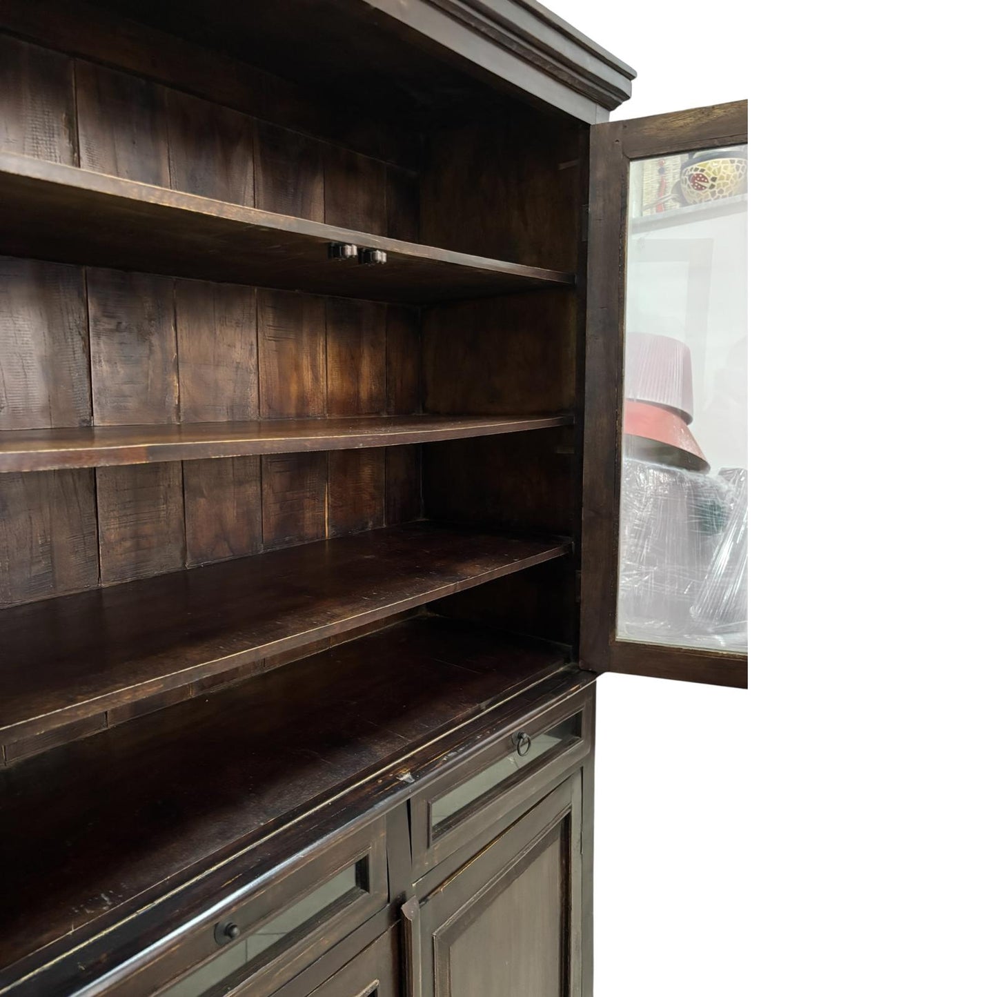 Credenza in Legno Massello di Sheesham con Ante in Vetro 188 h cm– Da Restaurare