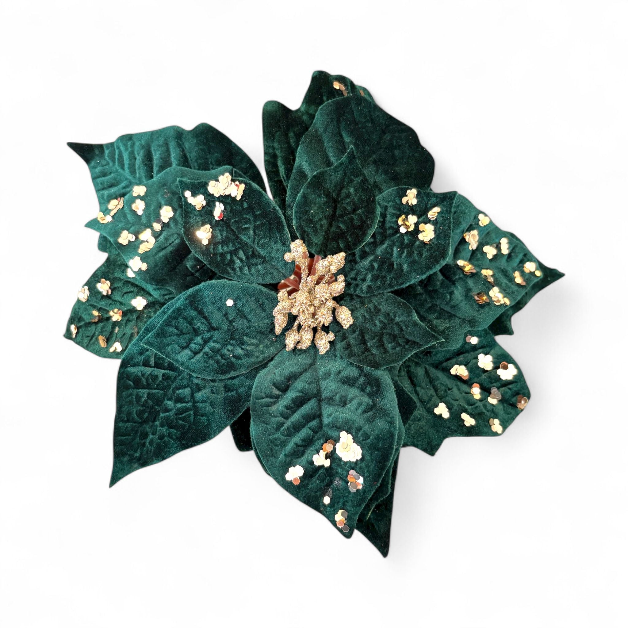 Fiore Poinsettia Verde in Velluto con Dettagli Oro a Pinza - Goodwill