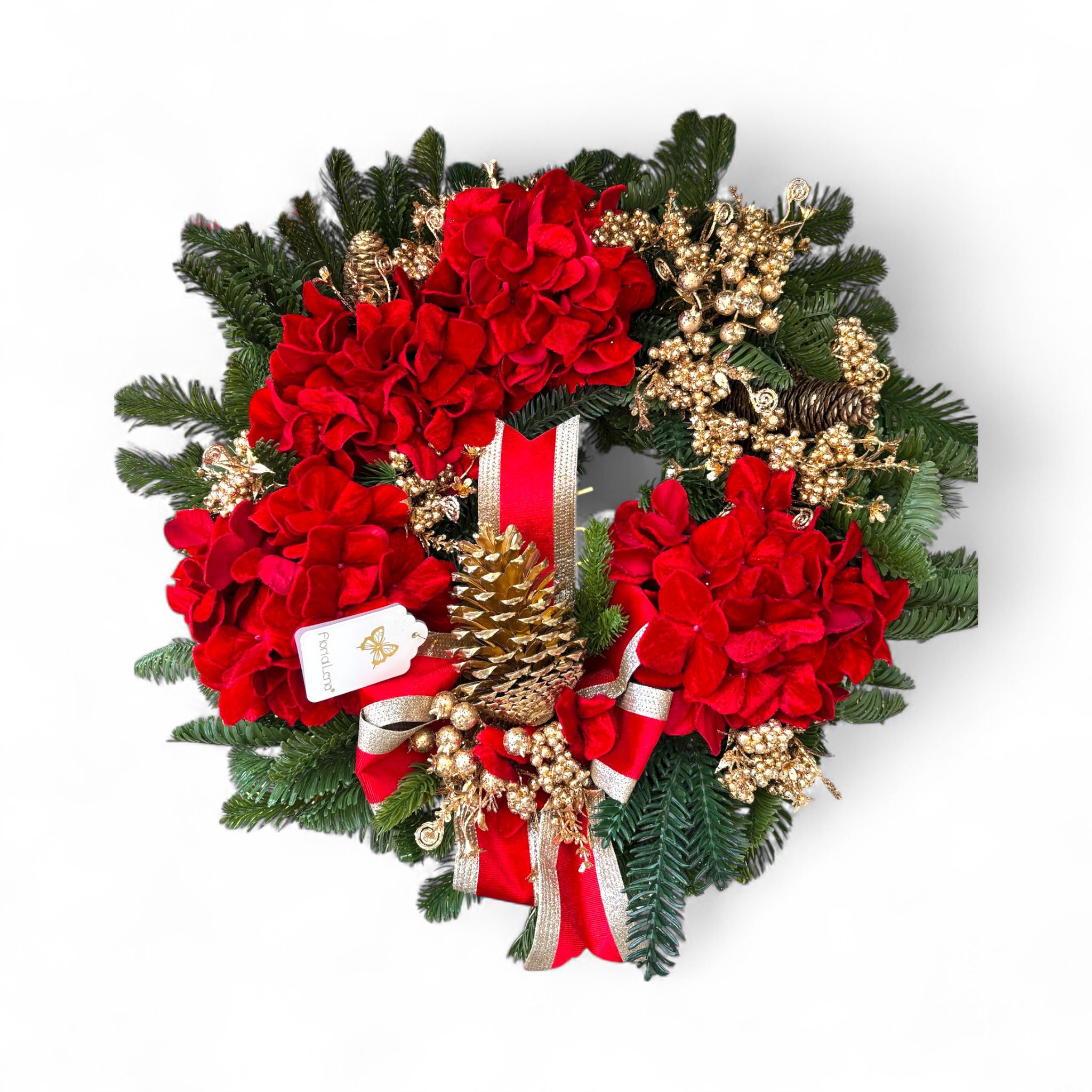 Ghirlanda Natalizia in PE con Dettagli Oro e Rossi e Fiocco in Velluto 60 cm - Fiori di Lena