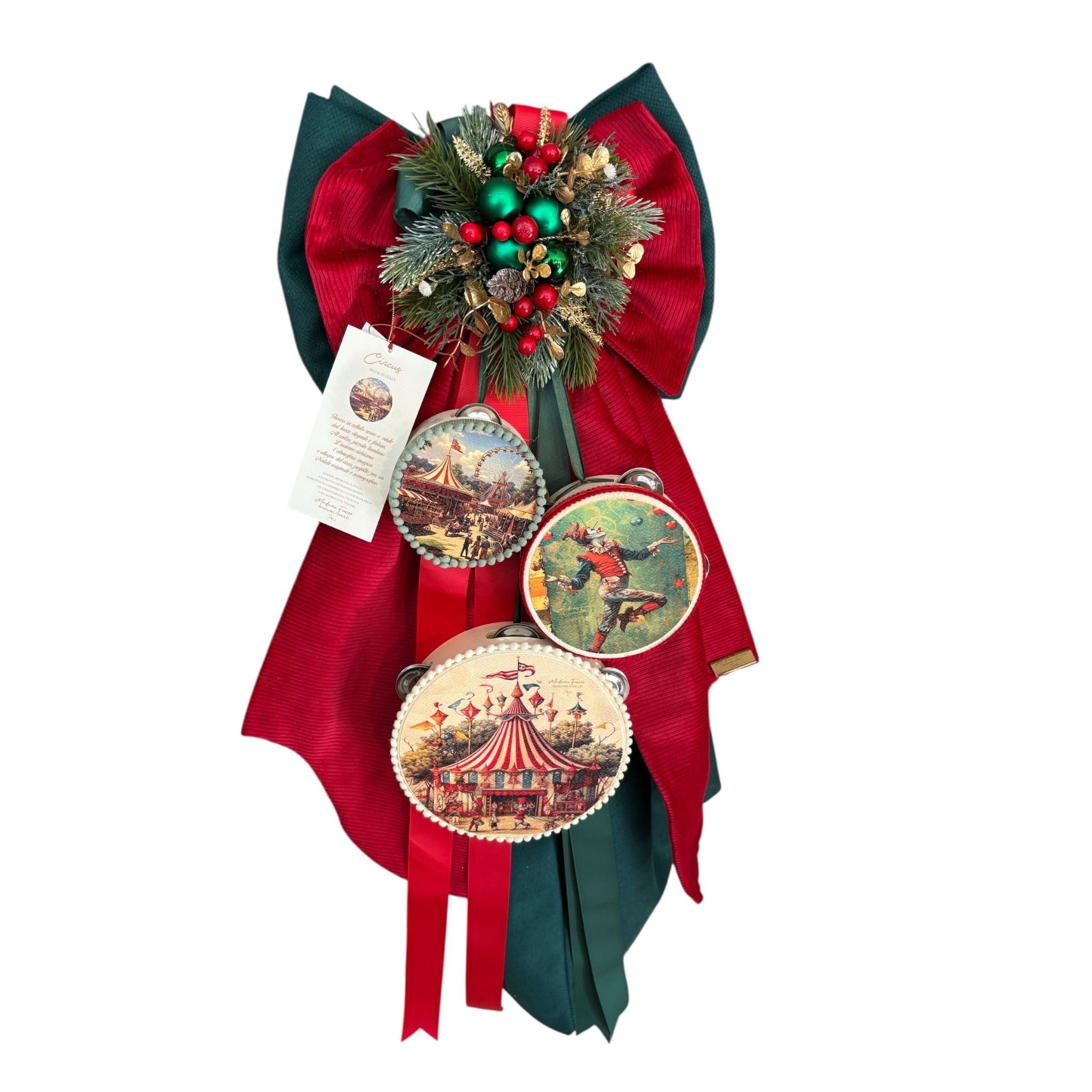 Fiocco “Circus” Doppio in Velluto Rosso e Verde con Tre Tamburi Pendenti - Madame Fioccò