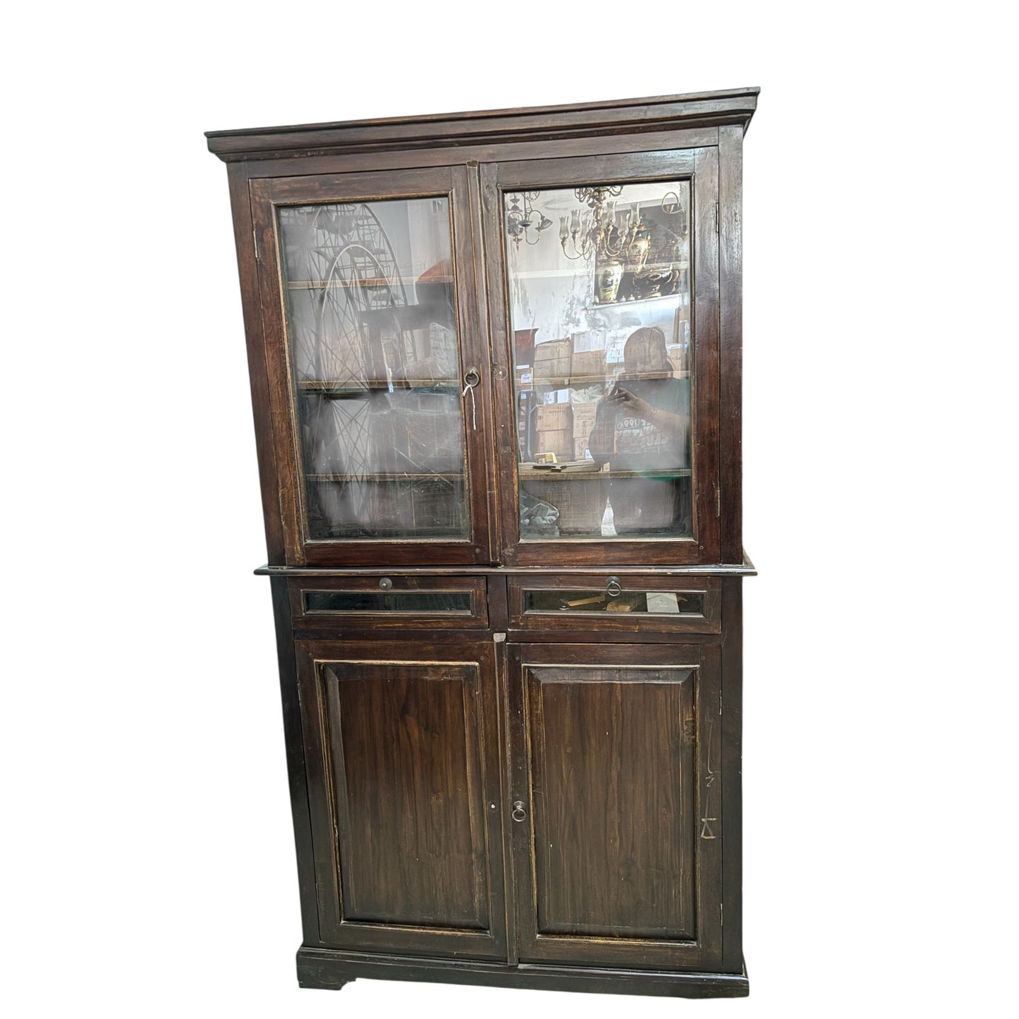 Credenza in Legno Massello di Sheesham con Ante in Vetro 188 h cm– Da Restaurare