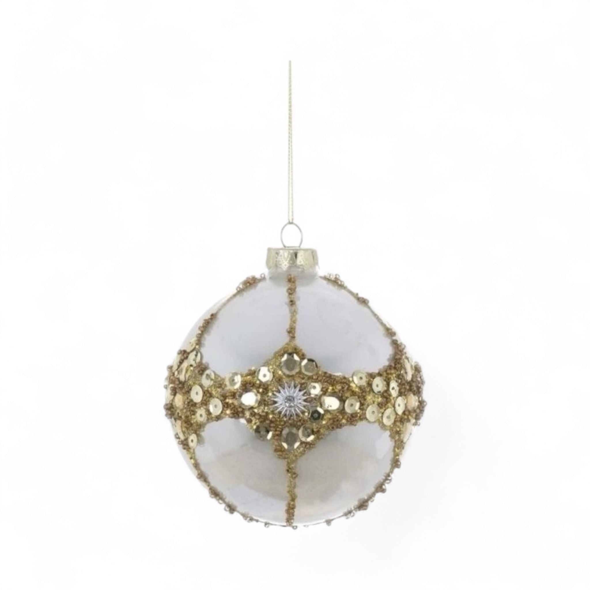 Sfera Natalizia in Vetro Bianco Perlato con Perline e Gemme 10x10 cm - Blanc Mariclò