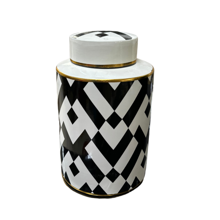 Potiche in Ceramica Bianca con Decoro Geometrico Nero e Dettagli Oro