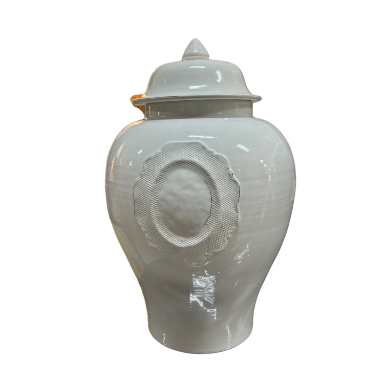 Potiche in Ceramica Lucida Bianca con Applicazione Centrale