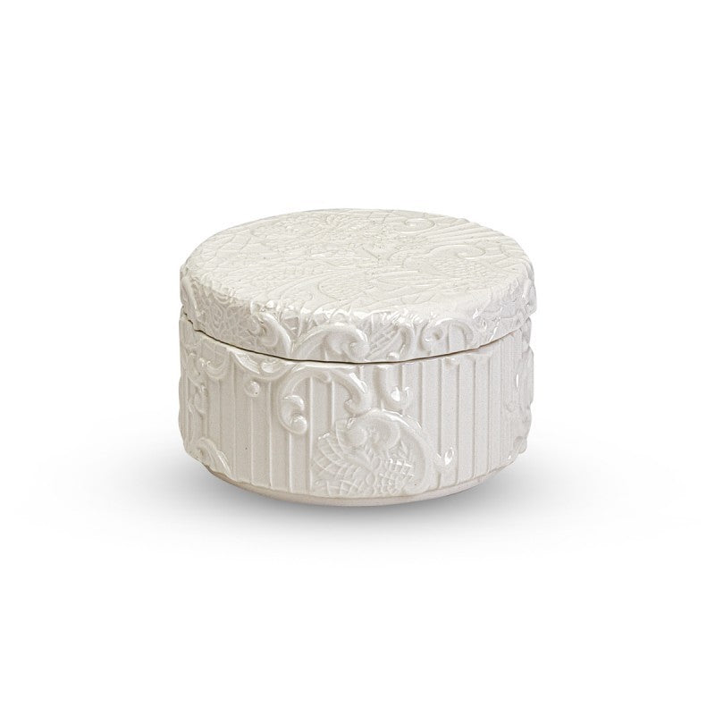 Scatola Tonda con Coperchio in Ceramica Bianca - Linea “Dentelle”