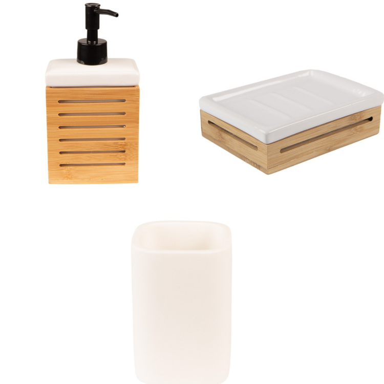 Set da Bagno in Ceramica Bianca e Legno Tre Pezzi