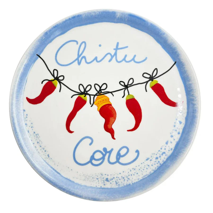 Piatto Pizza in Porcellana con Decoro Azzurro e Frase "Chistu Cor" – Rose e Tulipani