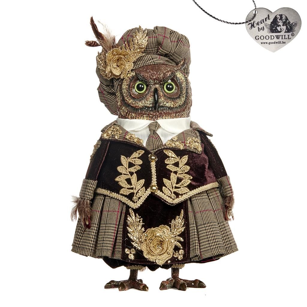 Gufetta Decorativa in Resina con Abiti Scozzesi in Velluto  35 cm (h) cm