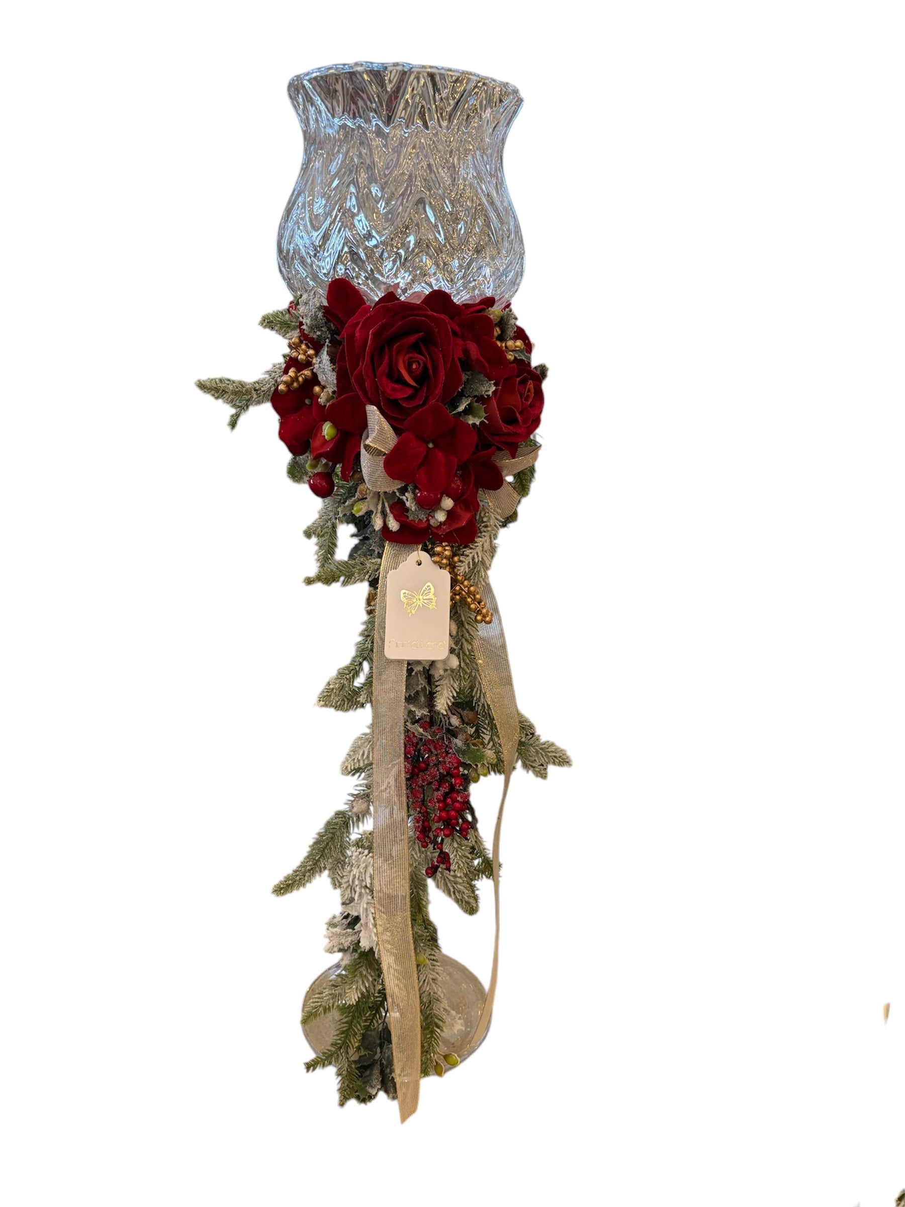 Coppa Decorativa in Vetro Trasparente con Fiori Rossi 75 h cm