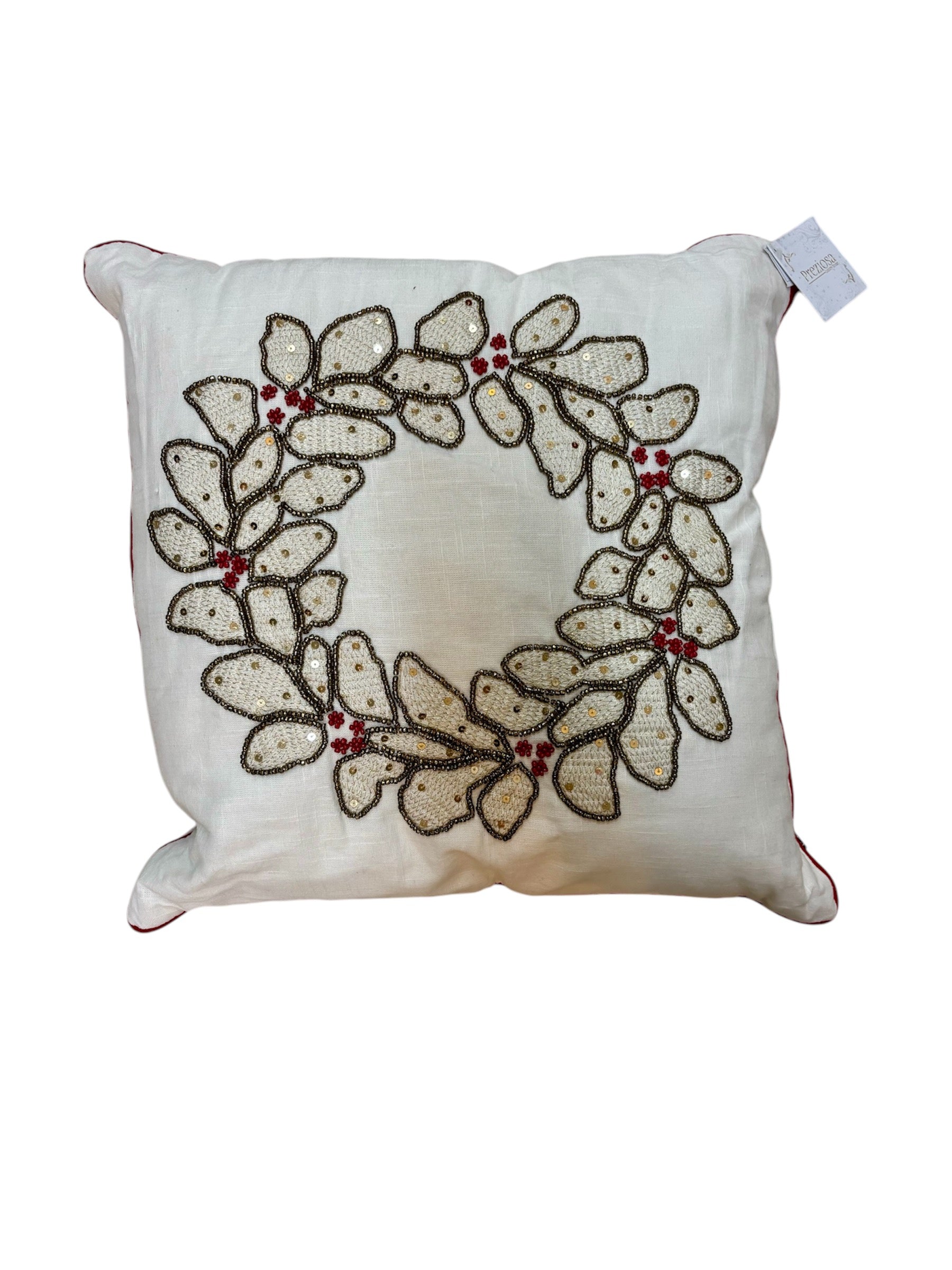 Cuscino in Cotone Ecrù con Ricamo di Perline e Paillettes 40 x 40 cm