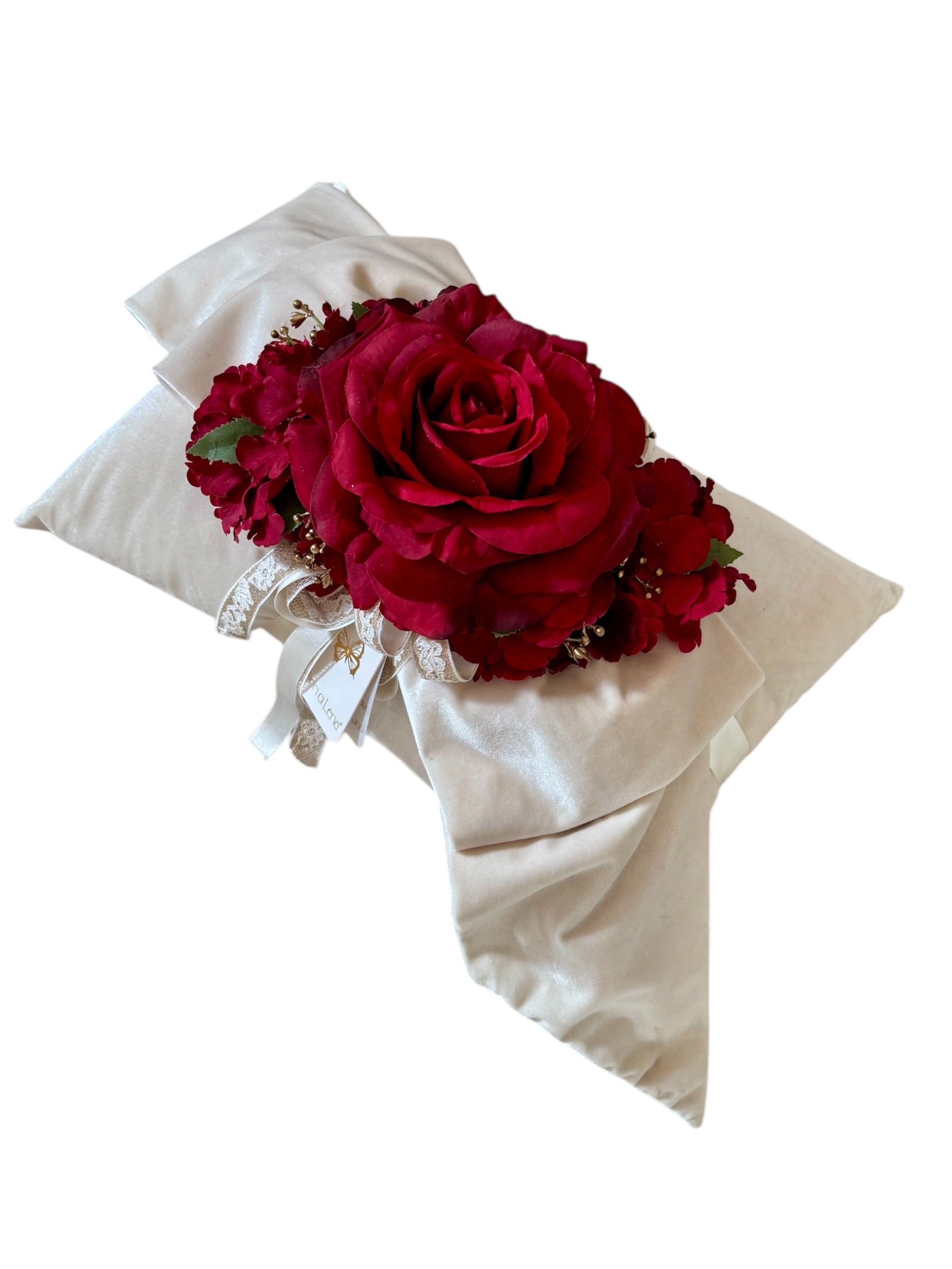 Cuscino Rettangolare con Spilla Rosa Rossa 38 x 28 cm