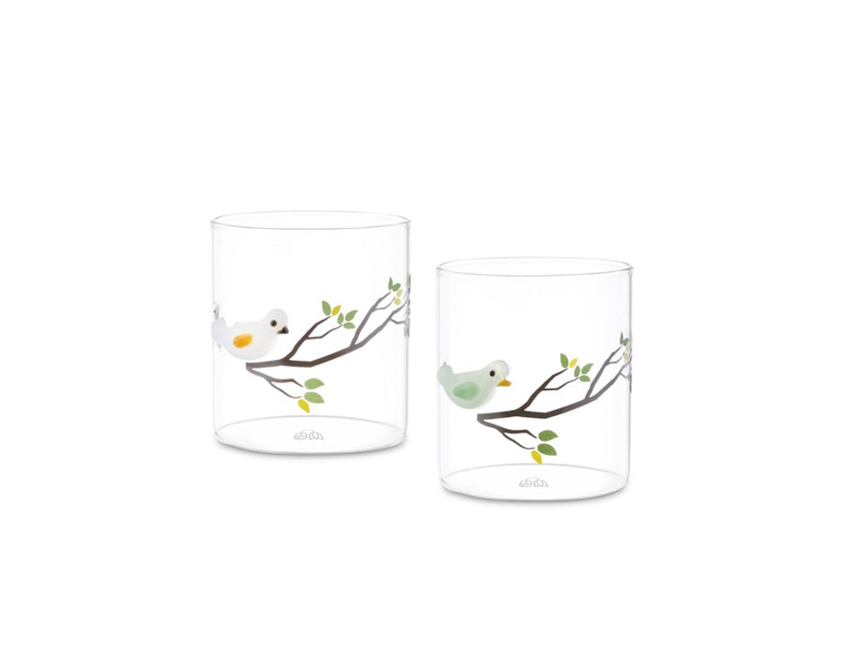 Set 6 Bicchieri in Vetro Borosilicato con Uccellini - Rose e Tulipani