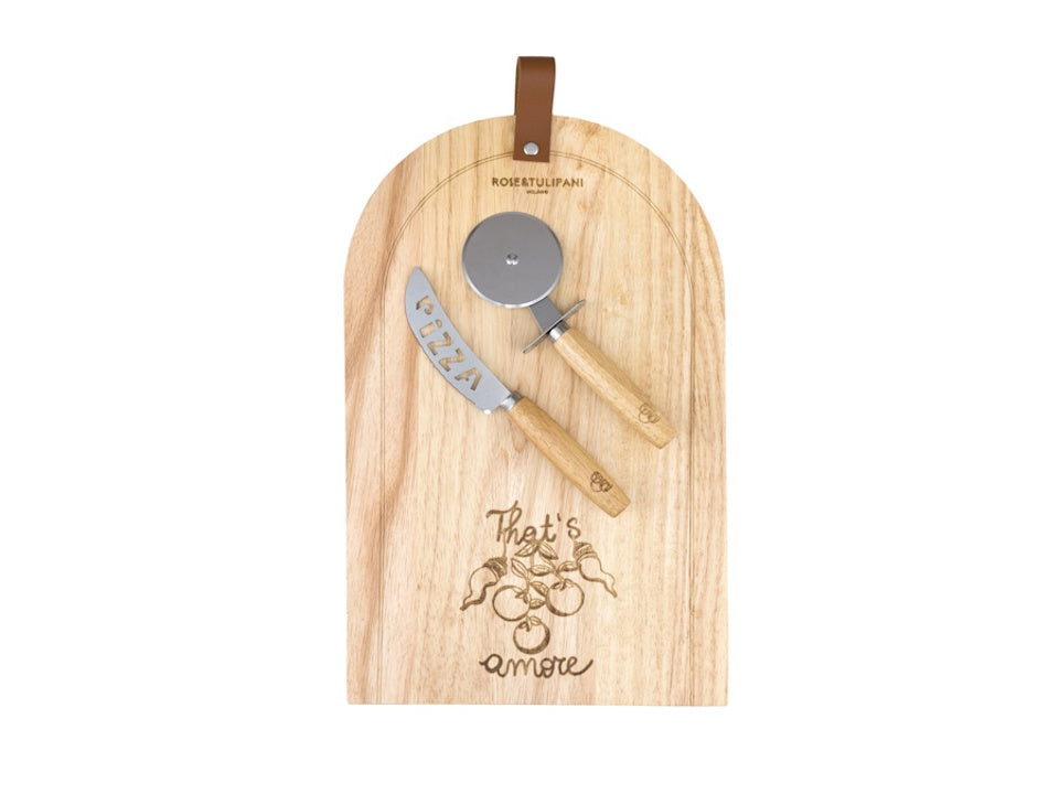 Tagliere Pizza in Legno con Accessori in Acciaio - Rose e Tulipani
