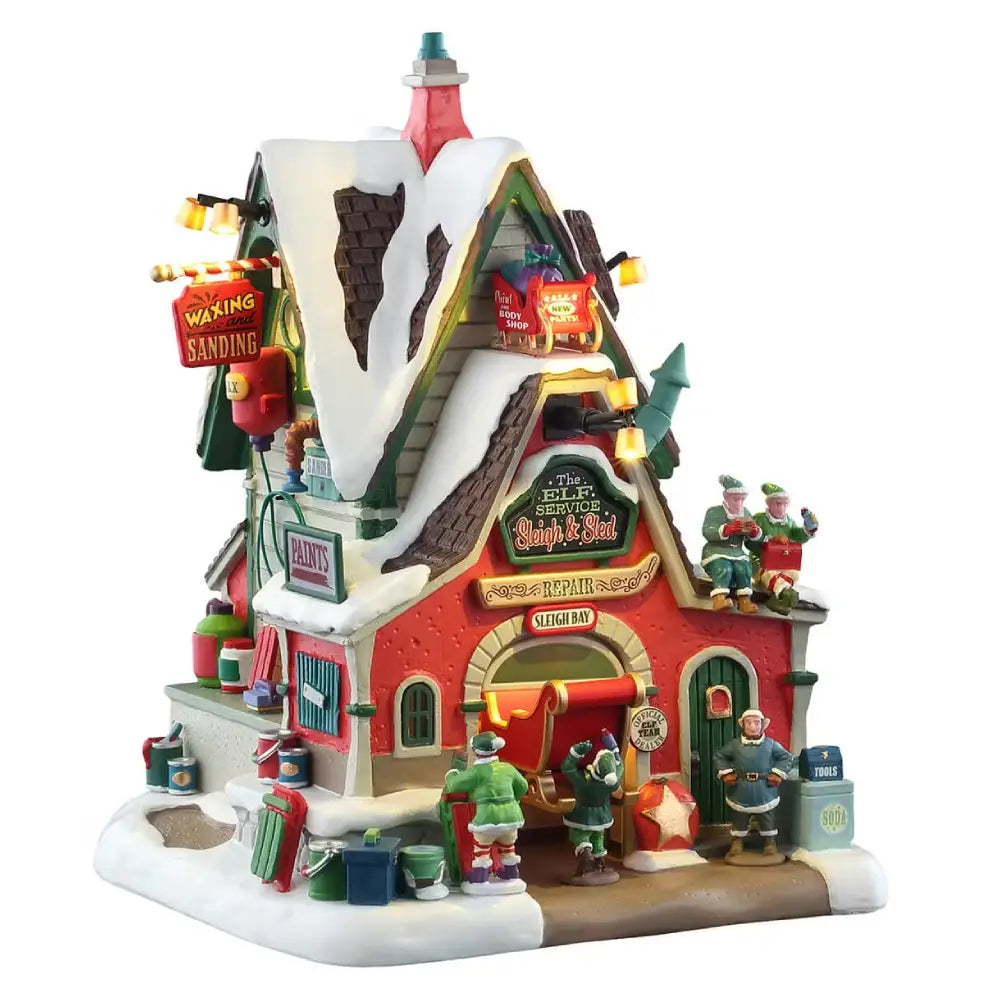 The Elf Service Sleigh & Sled Repair con Suoni, Movimento e con Luci LED - Lemax