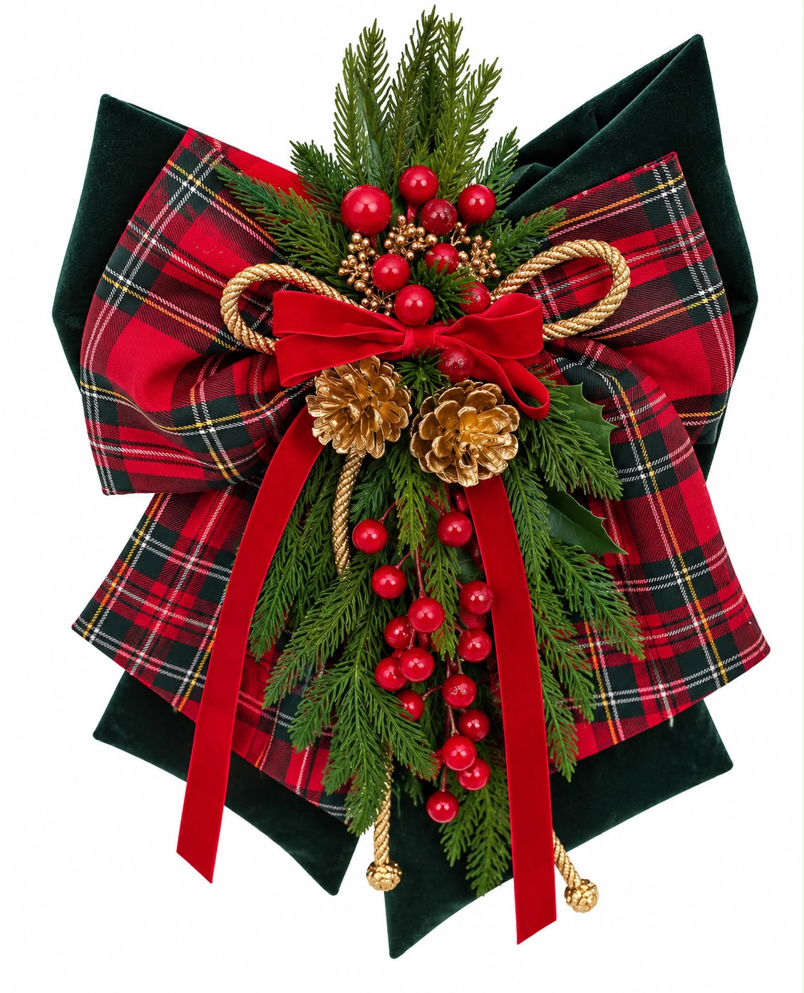Fiocco Decorativo in Velluto Verde e Tartan 50 cm - Fiori di Lena