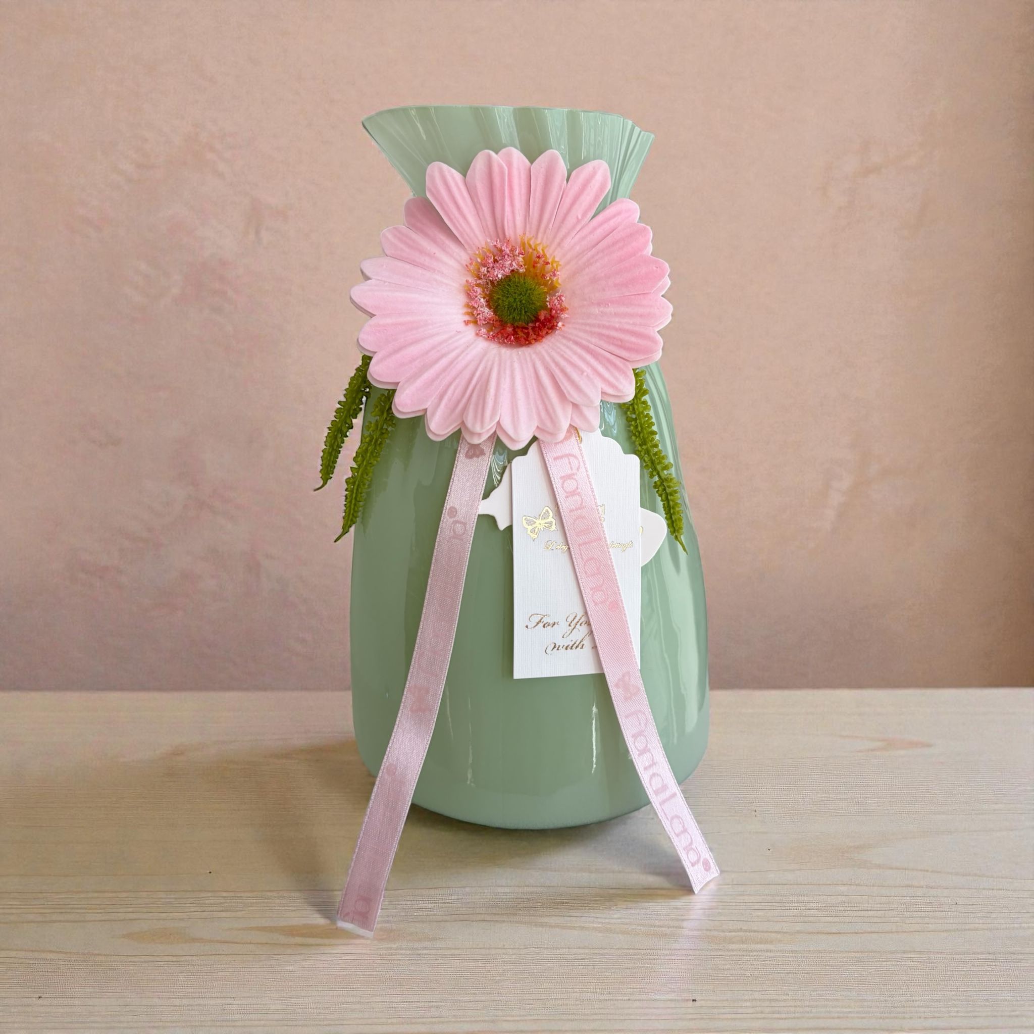 Vaso in Vetro Colorato con Gerbera Realistica 20 h cm - Fiori di Lena