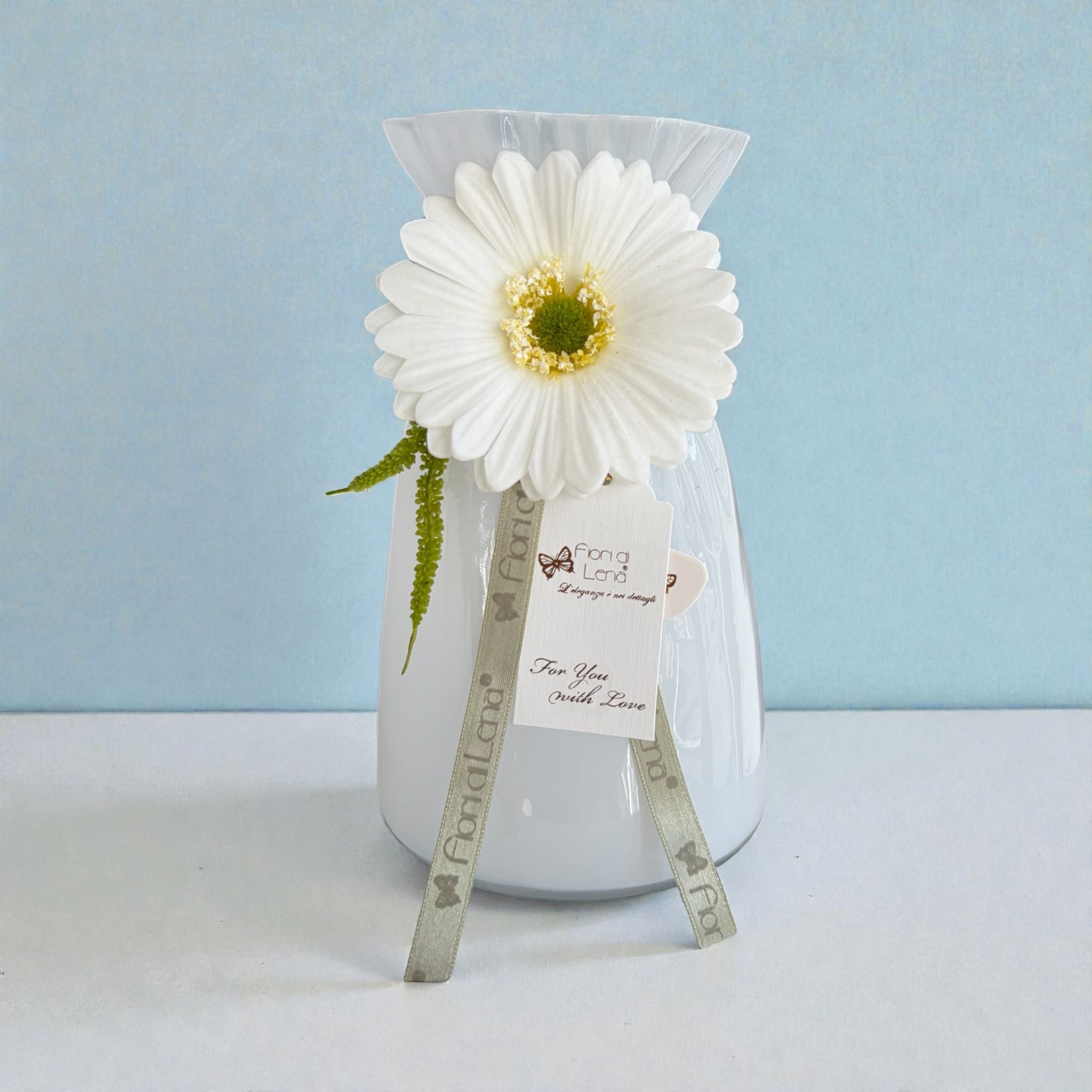 Vaso in Vetro Colorato con Gerbera Realistica 20 h cm - Fiori di Lena