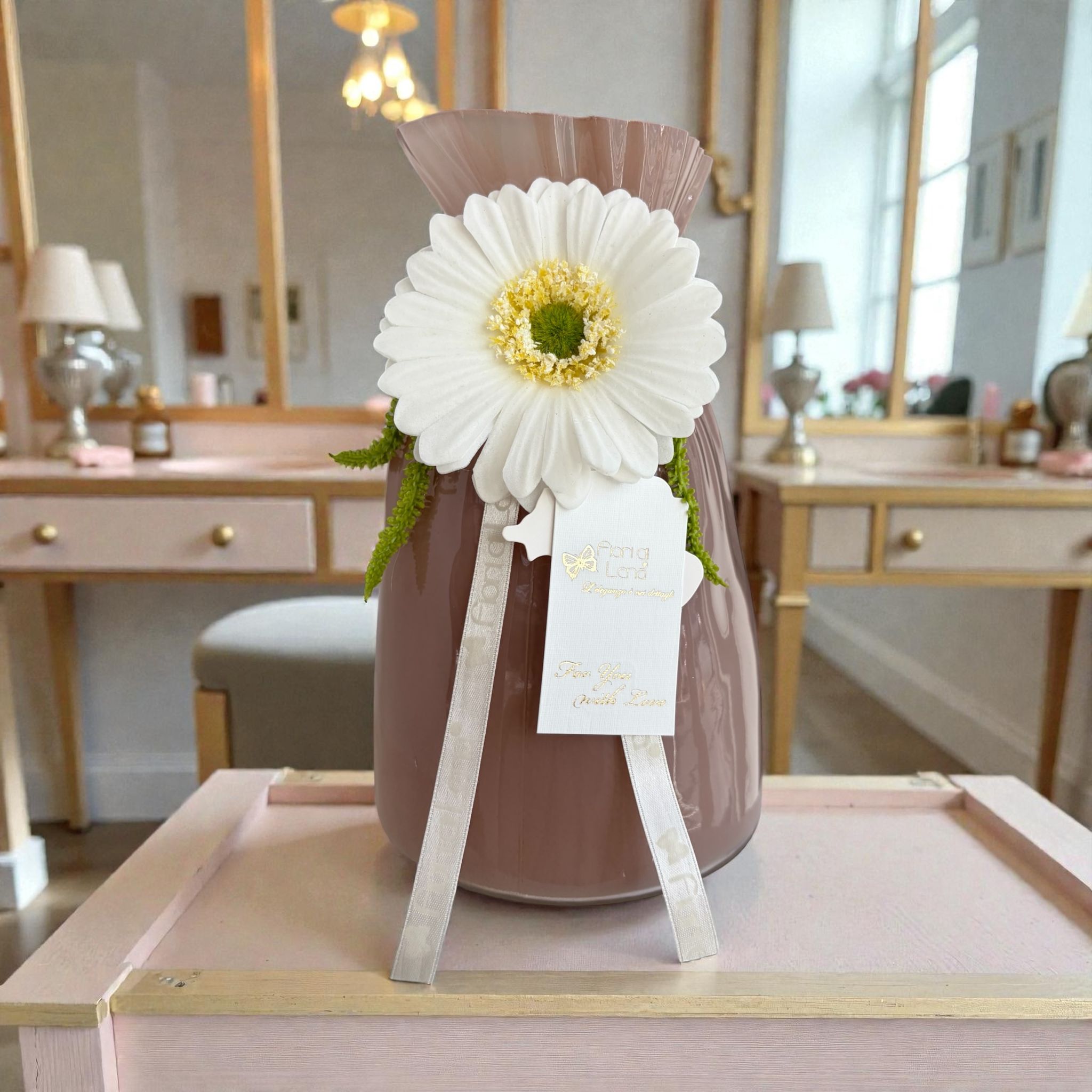 Vaso in Vetro Colorato con Gerbera Realistica 20 h cm - Fiori di Lena