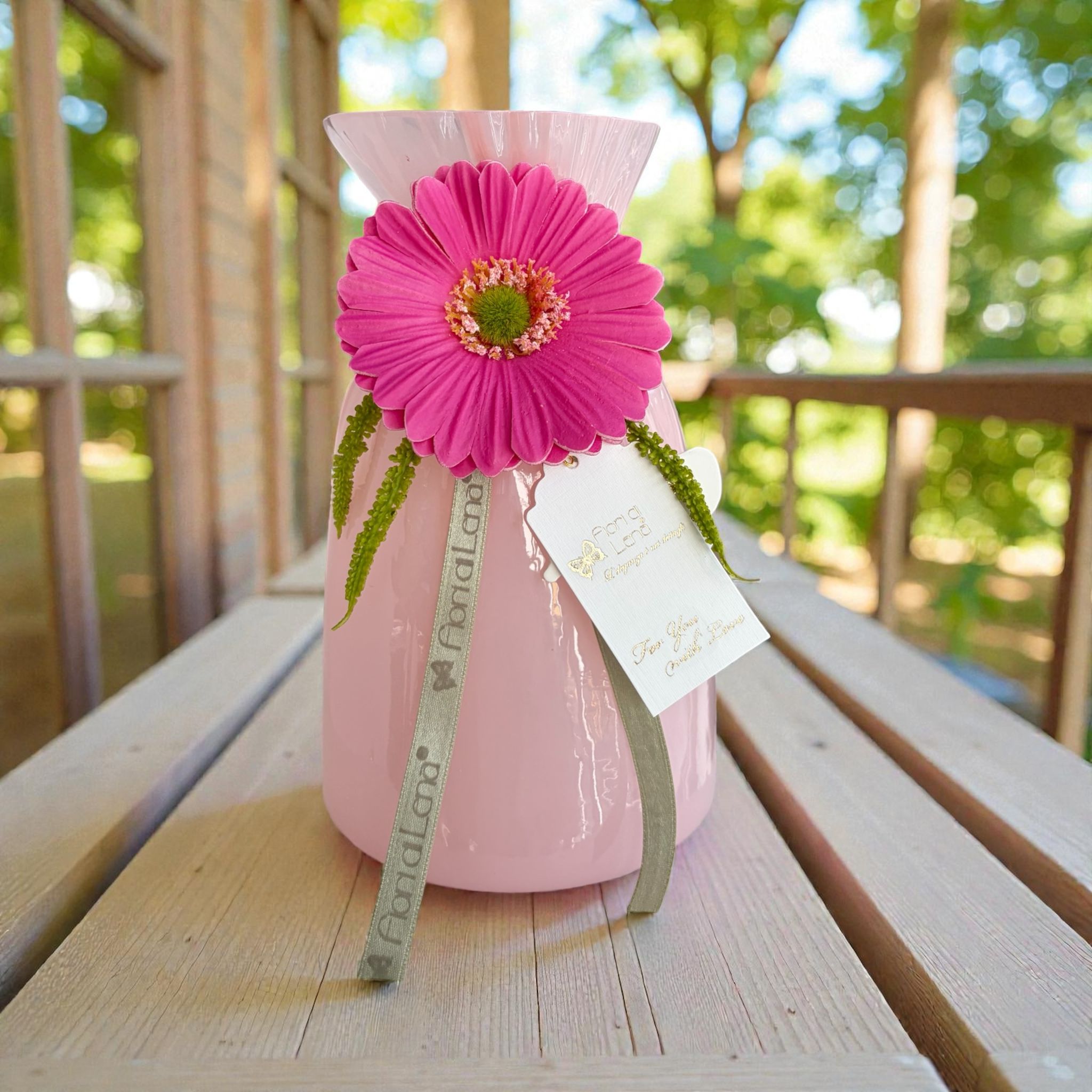 Vaso in Vetro Colorato con Gerbera Realistica 20 h cm - Fiori di Lena