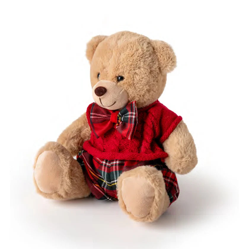 Orsetto di Peluche Beige con Abiti Rossi 30 cm - Fiori di Lena